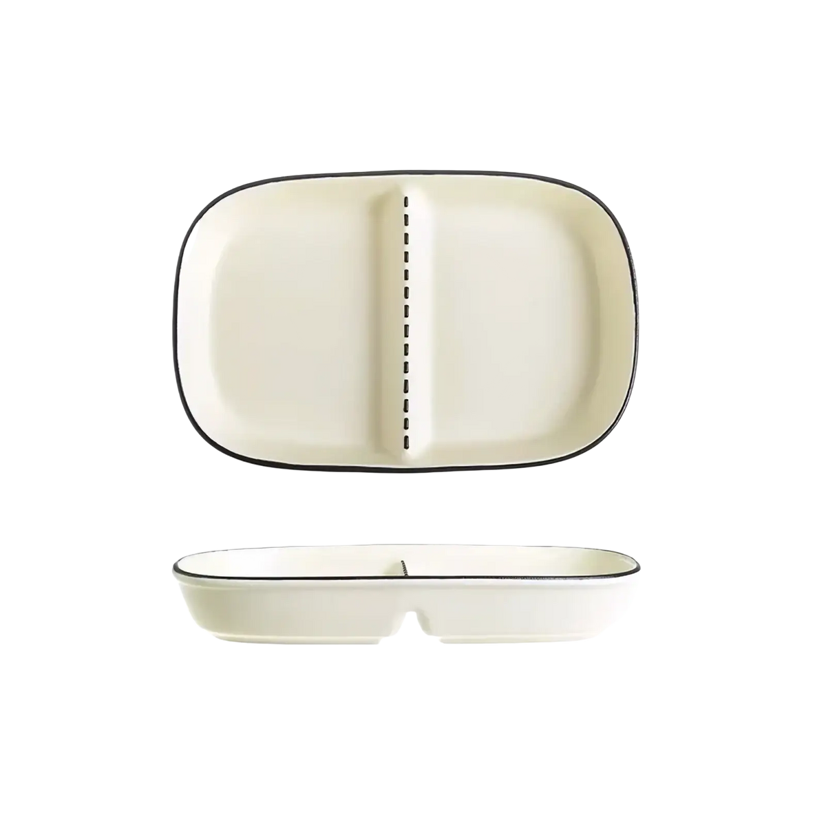 Cream-colored ceramic three compartment divided portion plate with a black rim and dashed divider design