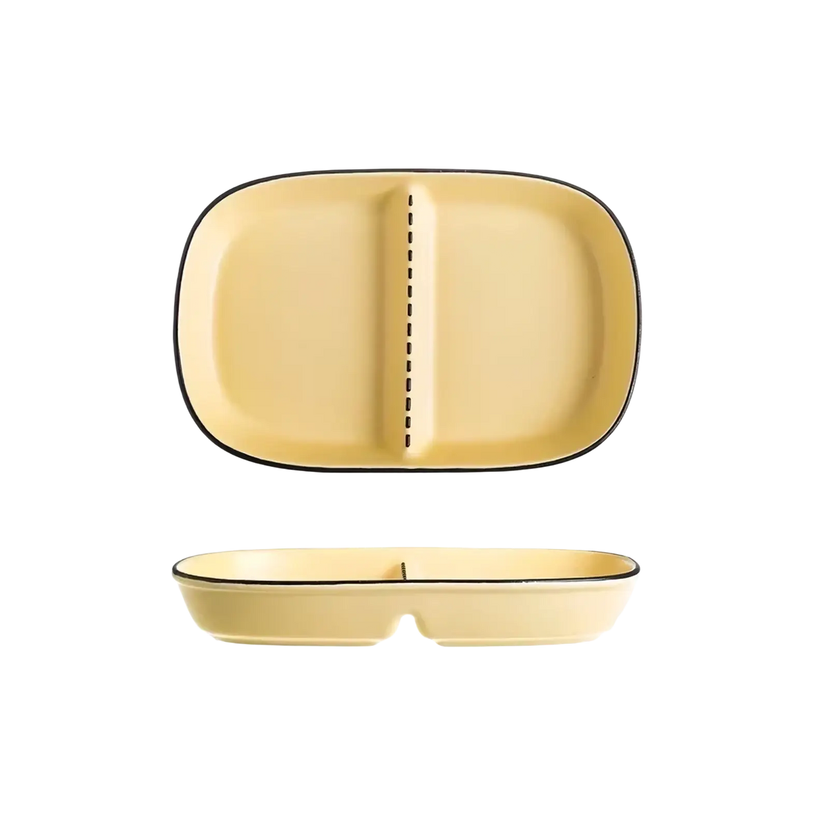 Cream-colored ceramic three compartment divided portion plate with black rim and central divider in rectangular shape