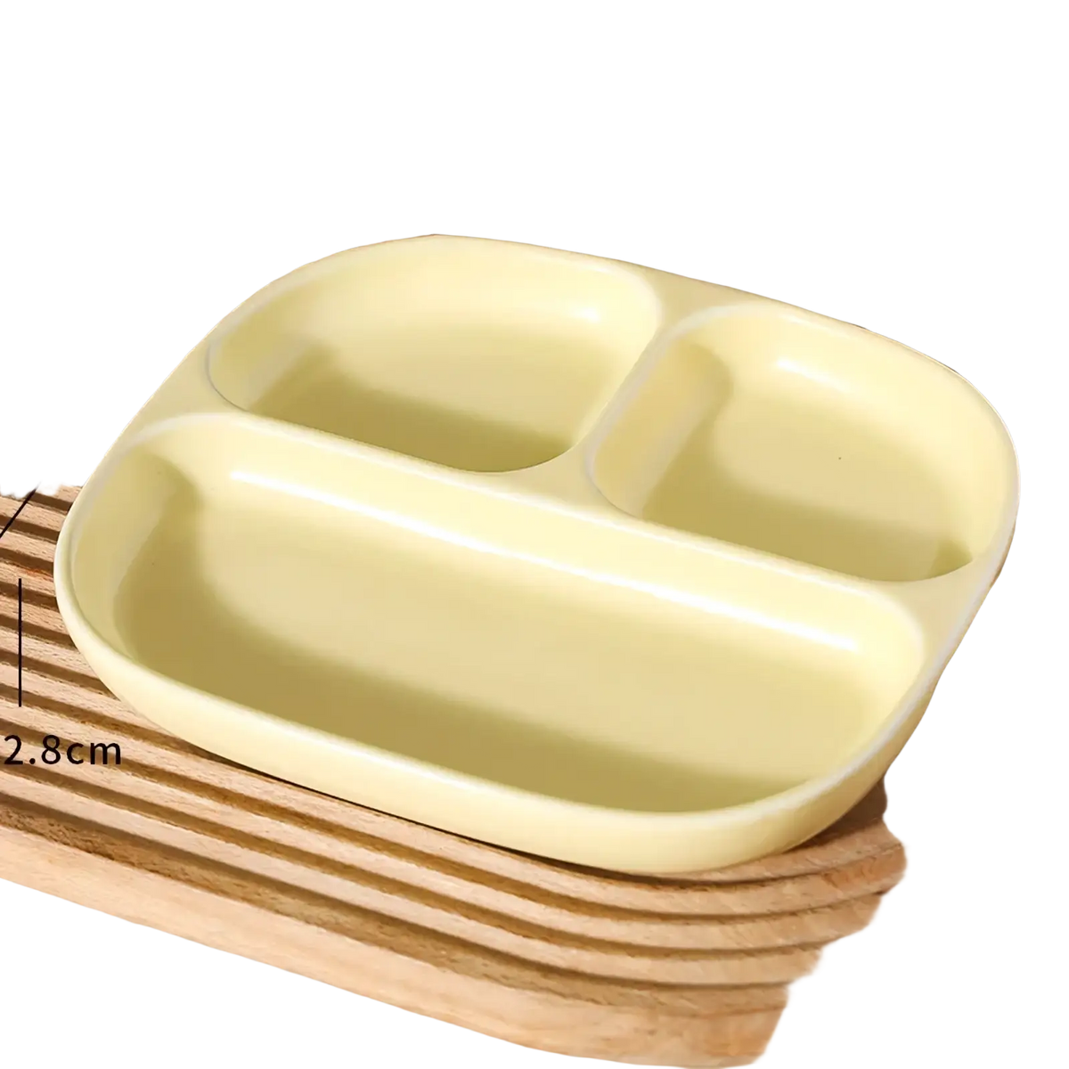 Cream-colored ceramic three compartment divided portion plate with rounded edges and smooth surfaces for children