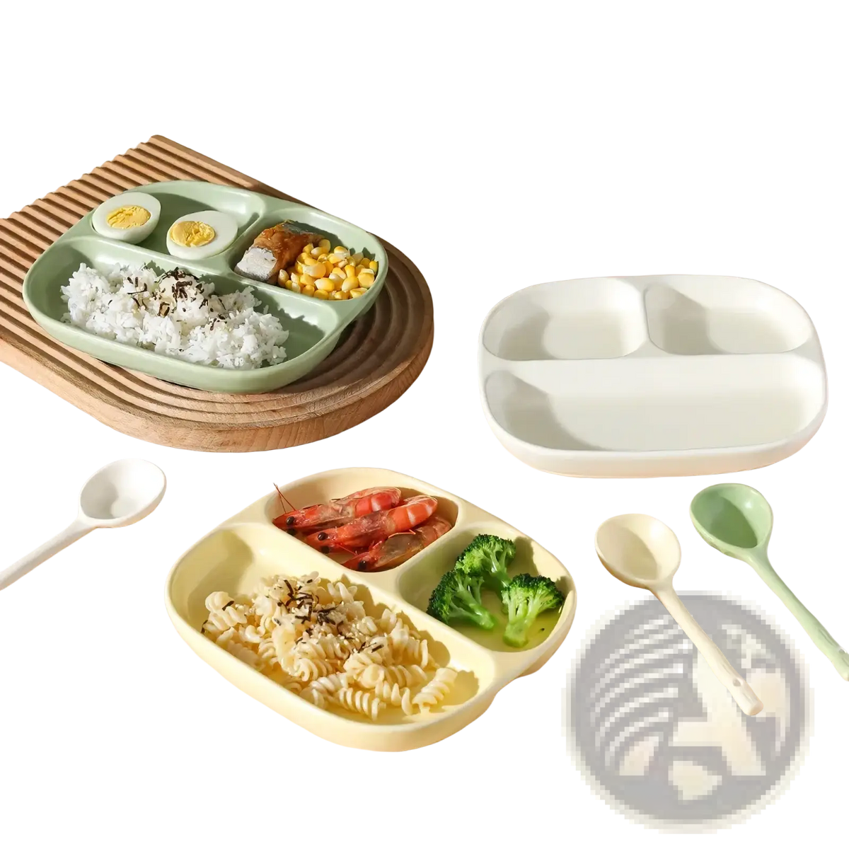 Light green ceramic three compartment divided portion plate with rounded edges and smooth plastic finish for children