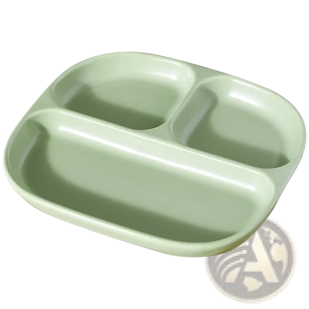 Ceramic three compartment divided portion plate in matte sage green plastic with rounded edges and smooth dividers