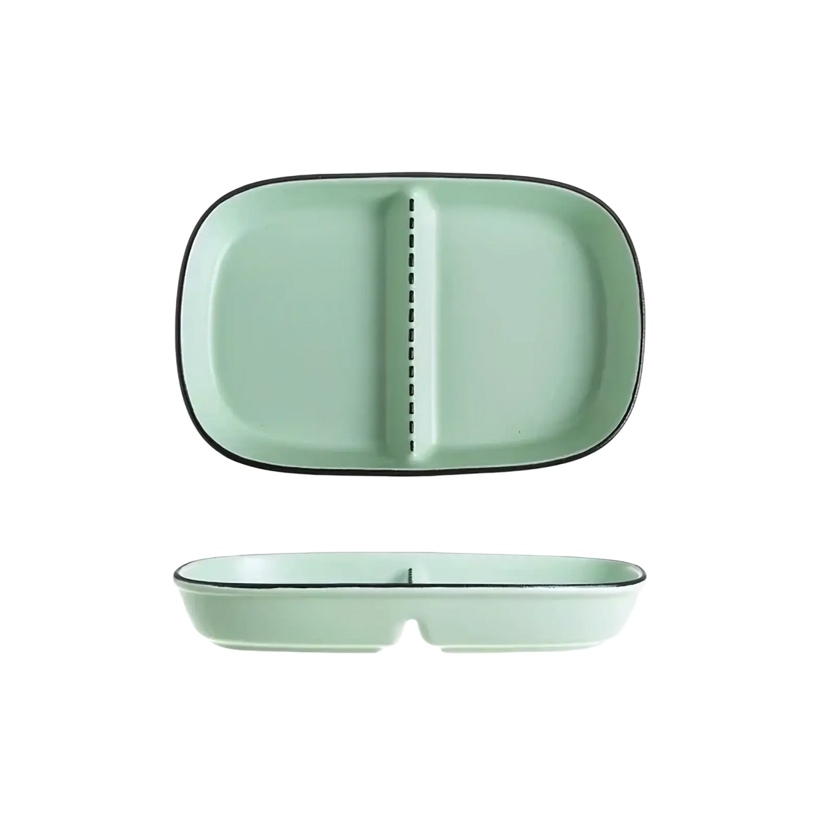 A mint green ceramic three compartment divided portion plate with a black rim and dashed line separators