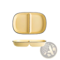 Cream-colored ceramic three compartment divided portion plate with black rim and central divider in rectangular shape