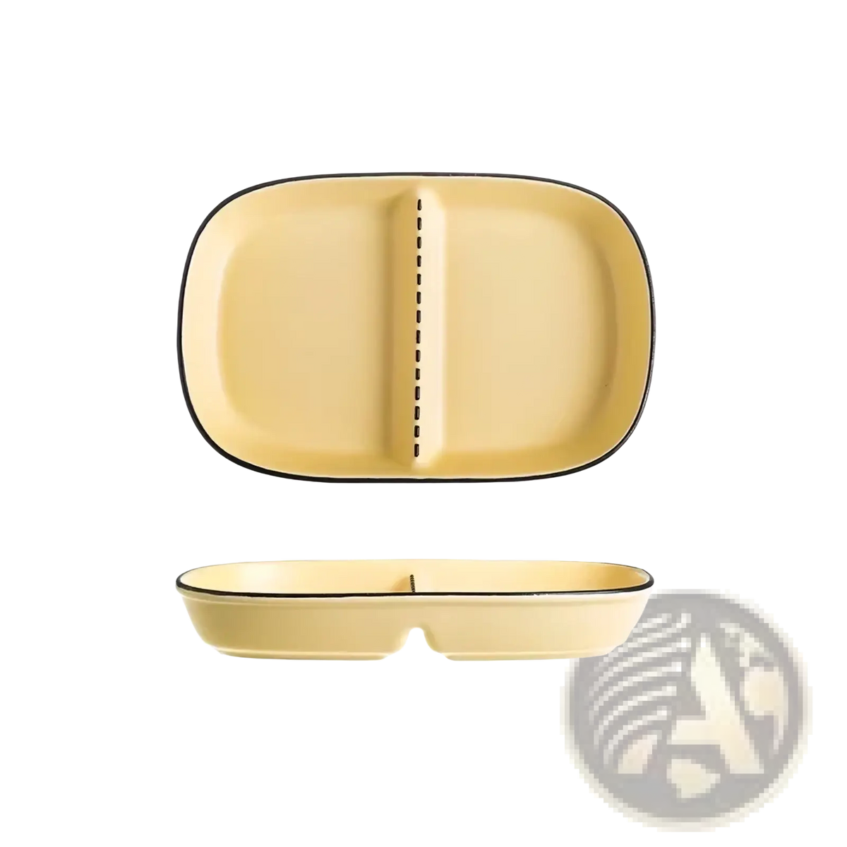 Cream-colored ceramic three compartment divided portion plate with black rim and central divider in rectangular shape