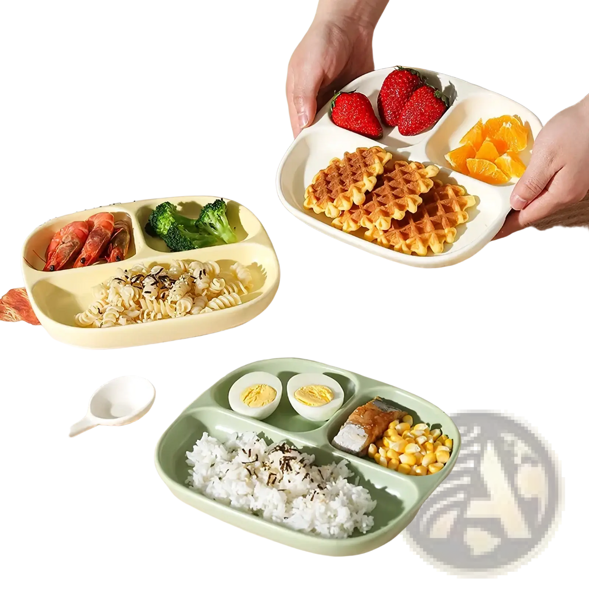 White ceramic three compartment divided portion plate holding waffles strawberries and orange segments