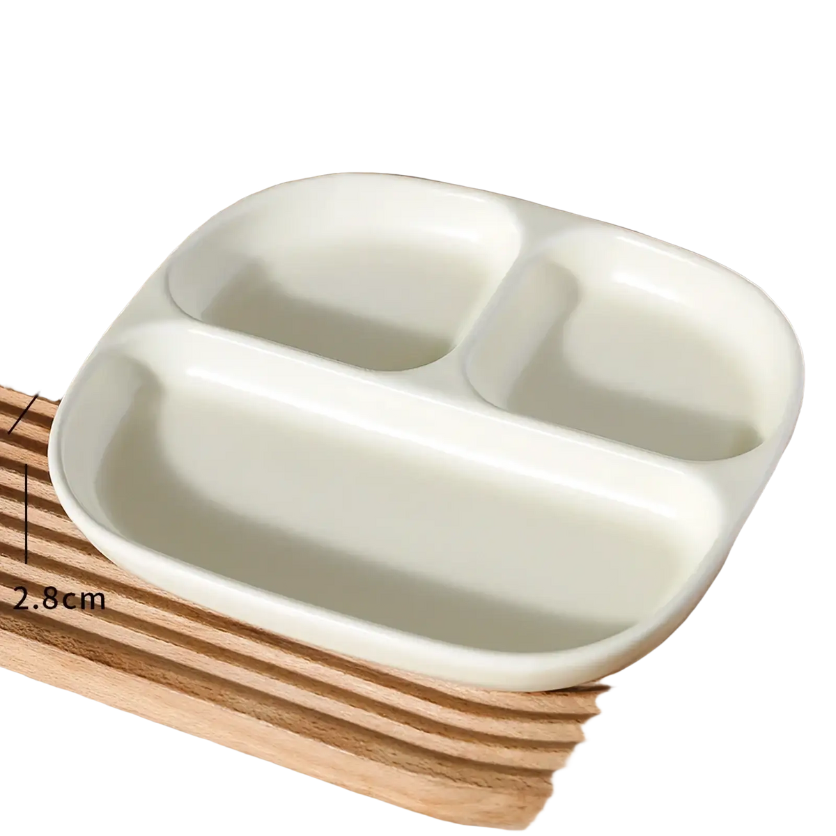 White ceramic three compartment divided portion plate with rounded edges and smooth glossy finish