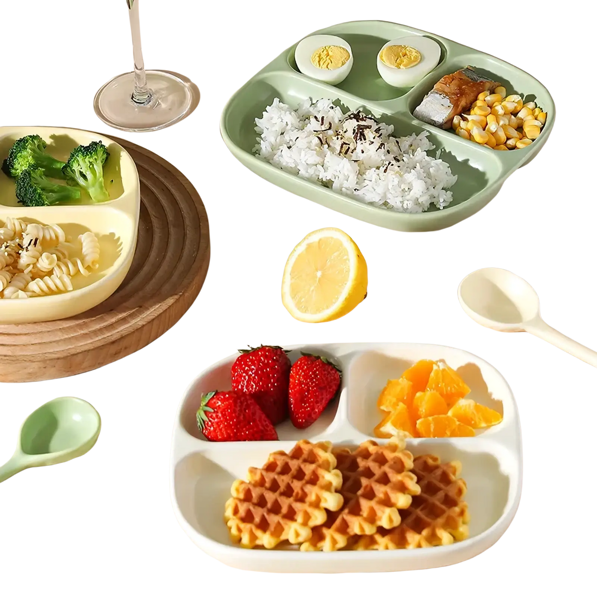 White plastic divided meal tray with three compartments holding strawberries orange segments and waffle pieces for portioning