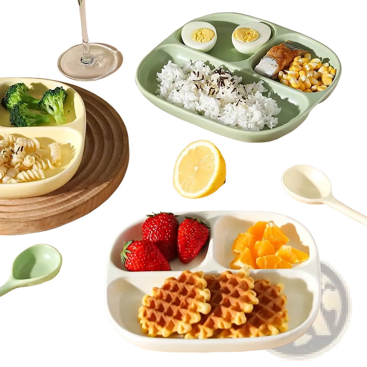 White plastic divided meal tray with three compartments holding strawberries orange segments and waffle pieces for portioning