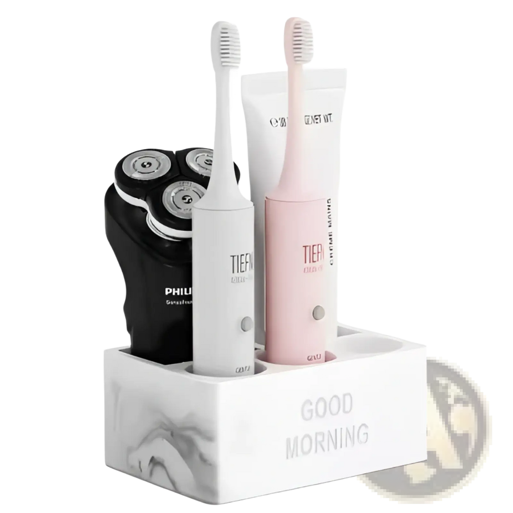 White marble-textured ceramic toothpaste holder organizer with electric shaver and toothbrushes for bathroom use