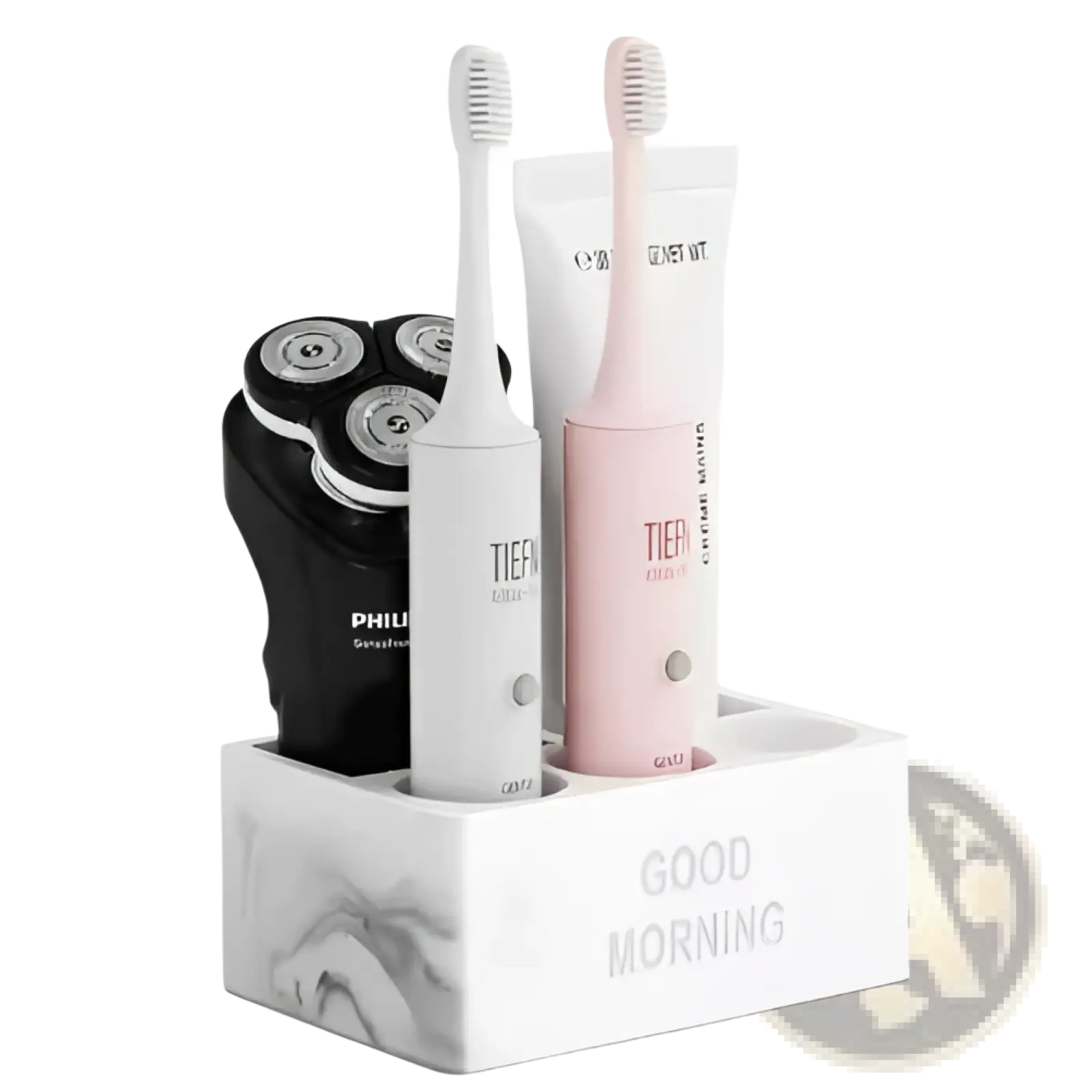 White marble-textured ceramic toothpaste holder organizer with electric shaver and toothbrushes for bathroom use