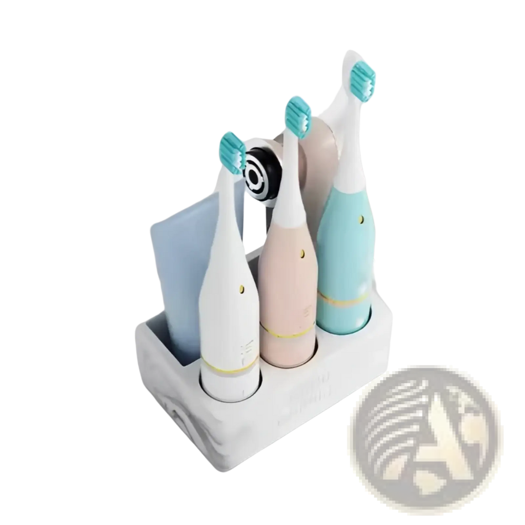 White marble textured ceramic toothbrush holder with three slots holding white pink and light blue electric toothbrushes