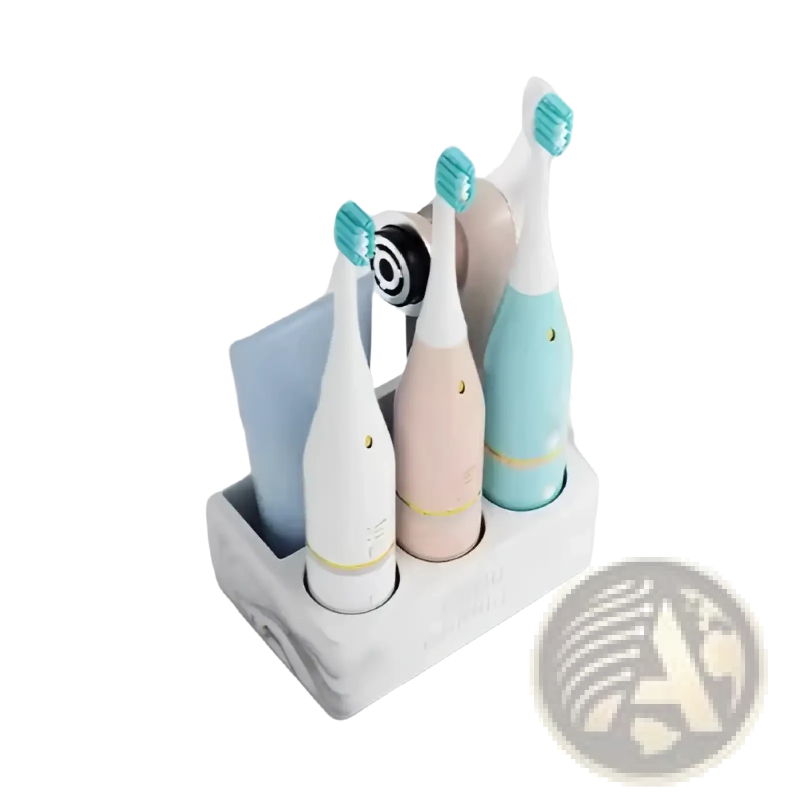 White marble textured ceramic toothbrush holder with three slots holding white pink and light blue electric toothbrushes