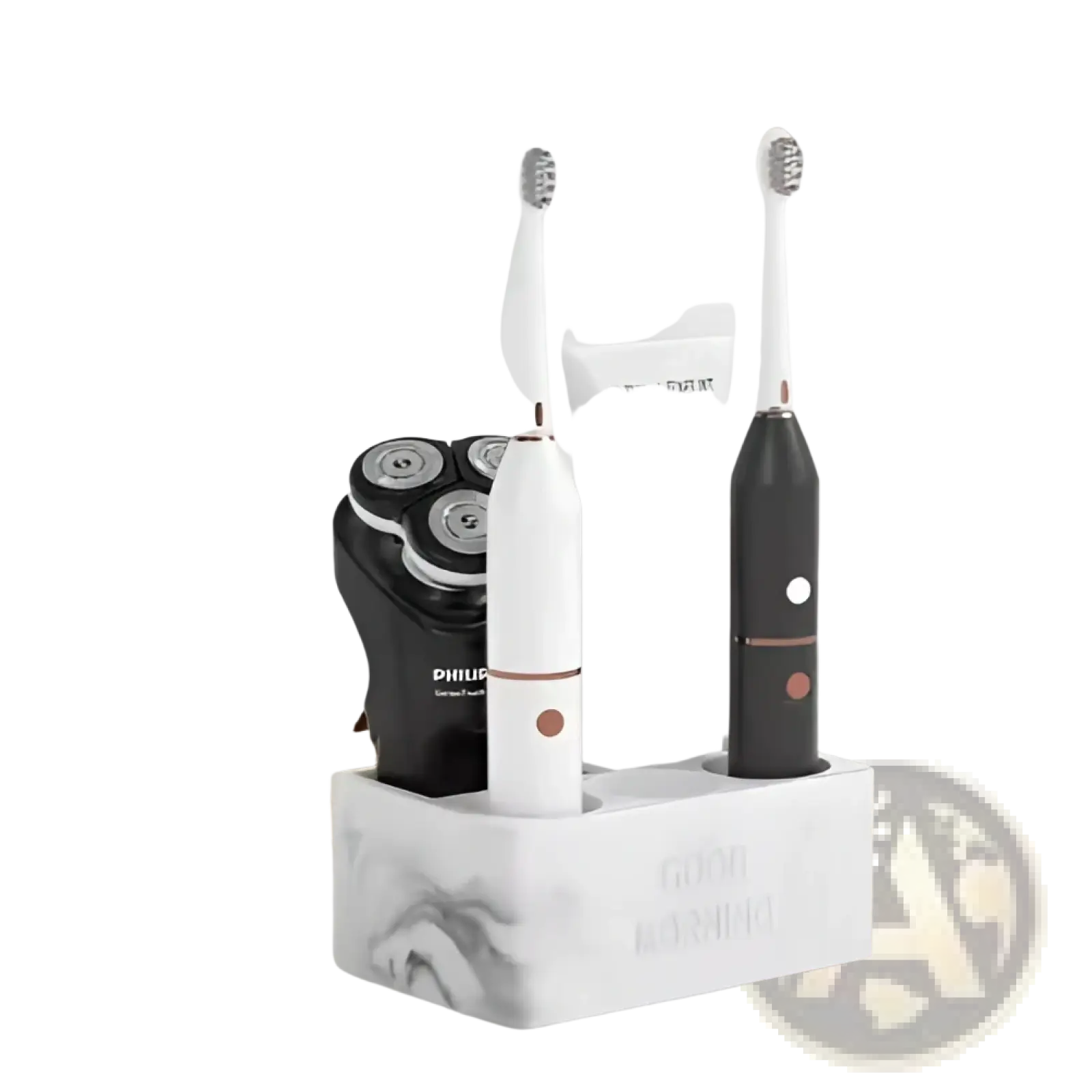 White marble textured rectangular ceramic toothbrush holder engraved with good morning for bathroom organization