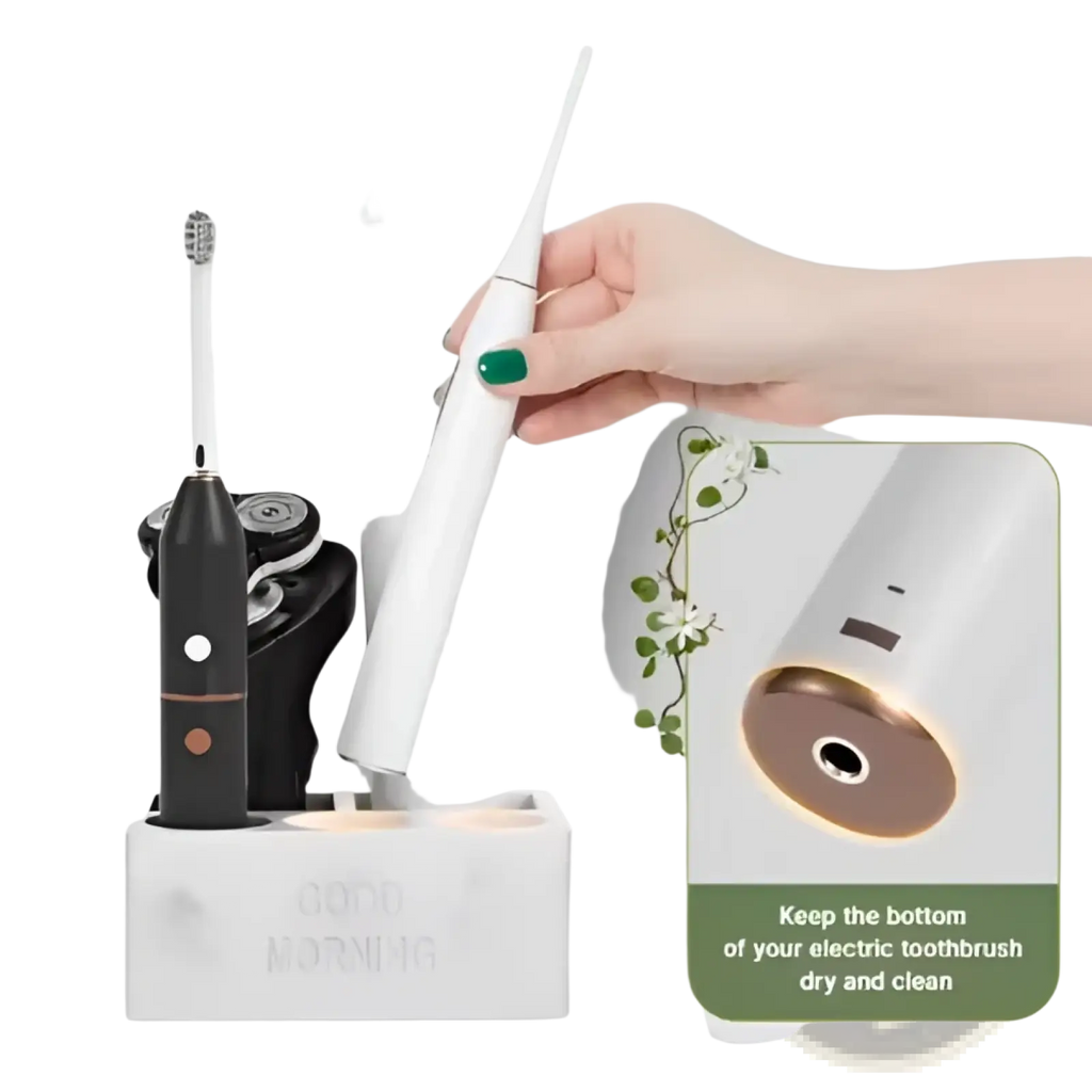 White electric toothbrush with gold accent paired with ceramic toothpaste holder marble bathroom organizer