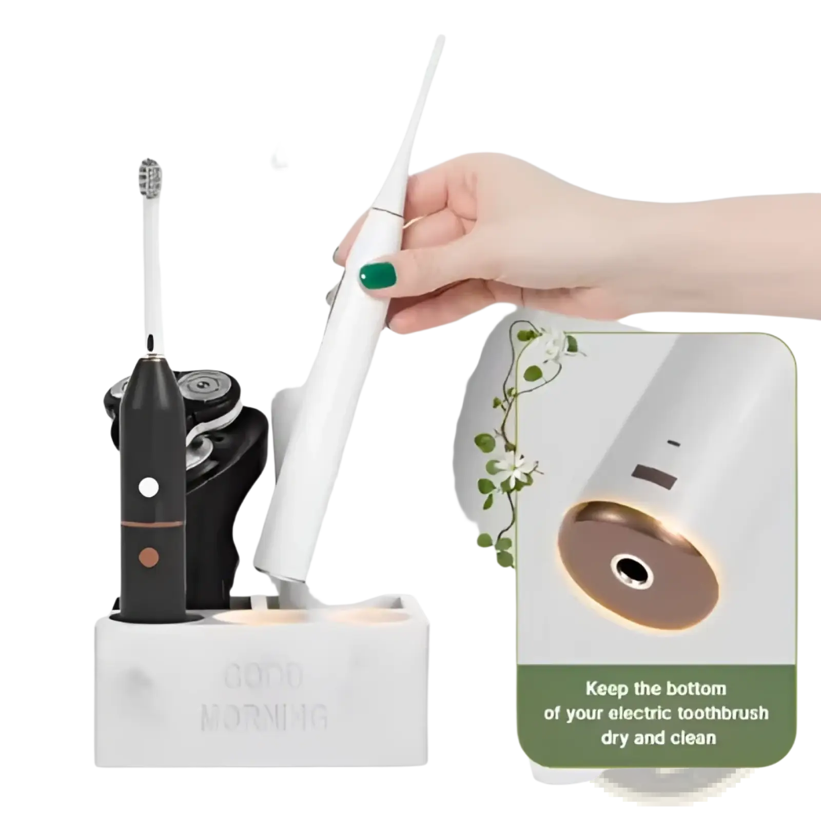 White electric toothbrush with gold accent paired with ceramic toothpaste holder marble bathroom organizer