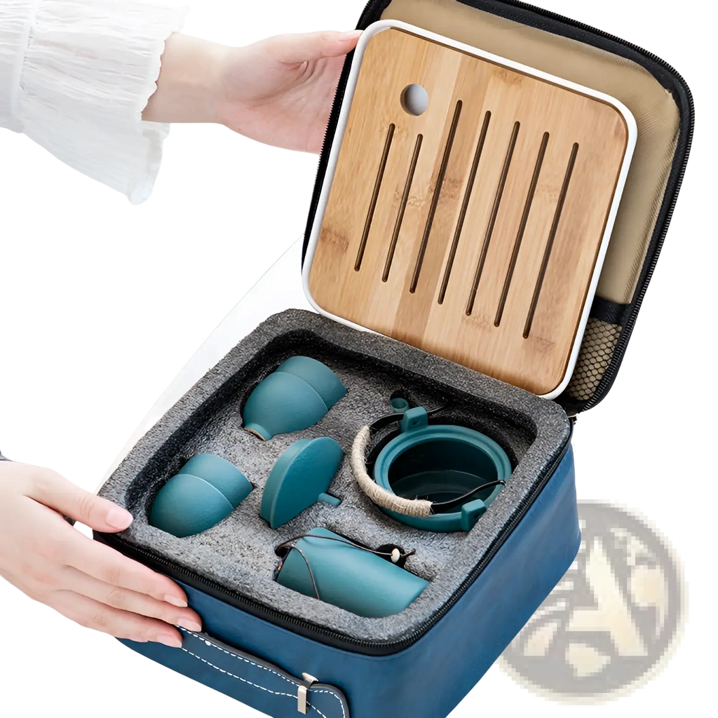 Teal ceramic travel tea set with matching bamboo tray neatly arranged in a blue fabric carrying case
