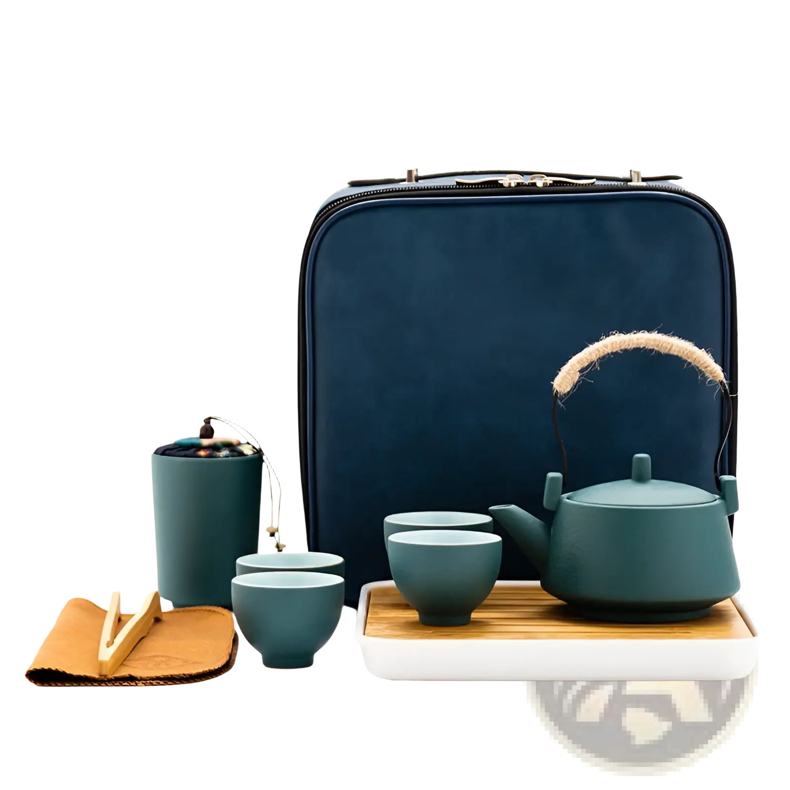 Teal ceramic travel tea set with woven handle and matching cups on bamboo tray beside navy blue carrying case