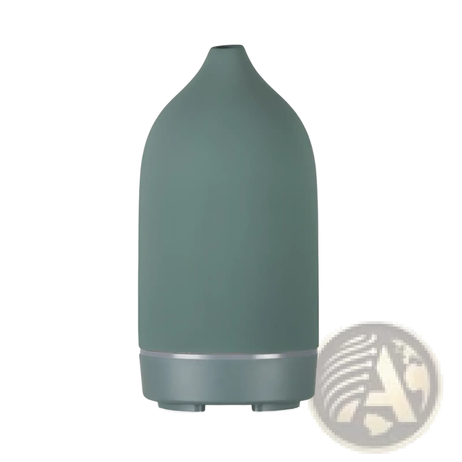 A sleek matte sage green ceramic ultrasonic aroma diffuser and humidifier with minimalist design and silver accent band