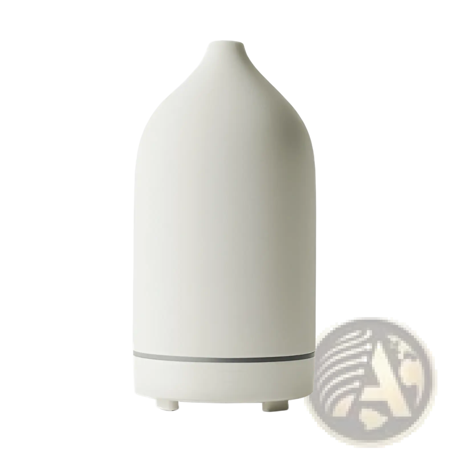 Cream-colored ceramic ultrasonic aroma diffuser and humidifier with sleek rounded body and gray accent band near the base