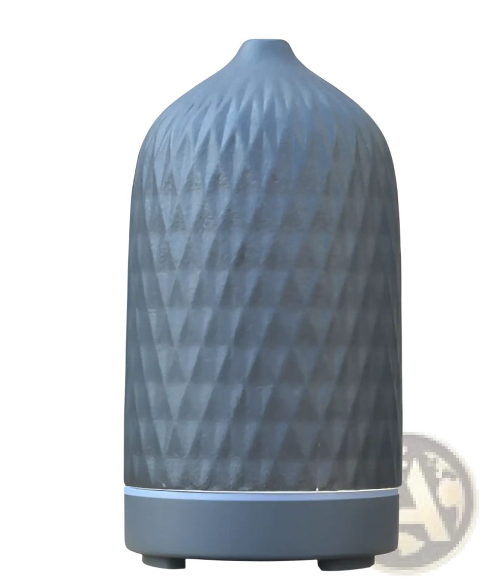 Gray ceramic ultrasonic aroma diffuser and humidifier with textured diamond-patterned surface and sleek base