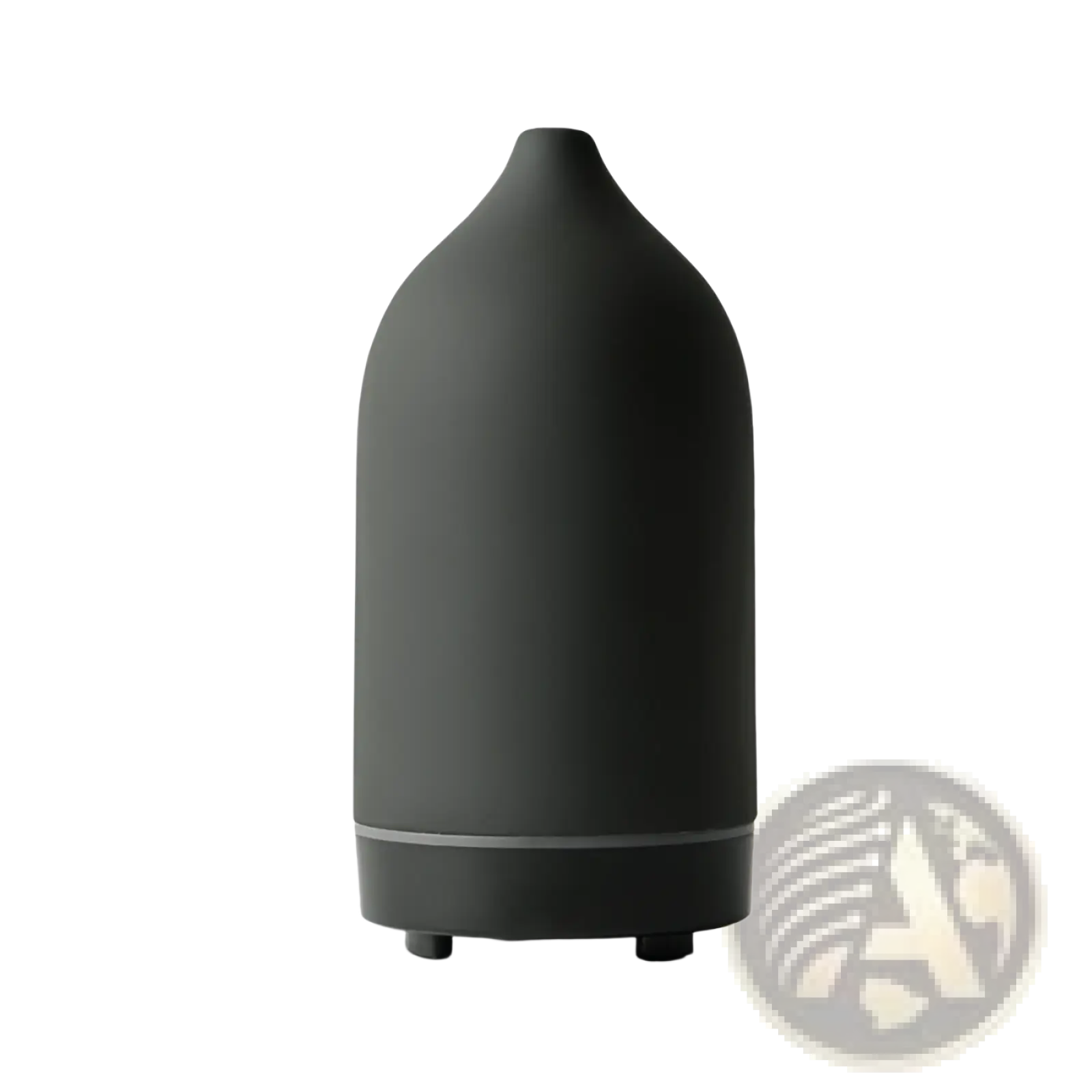 A sleek matte black ceramic ultrasonic aroma diffuser and humidifier with a teardrop shape and silver accent ring