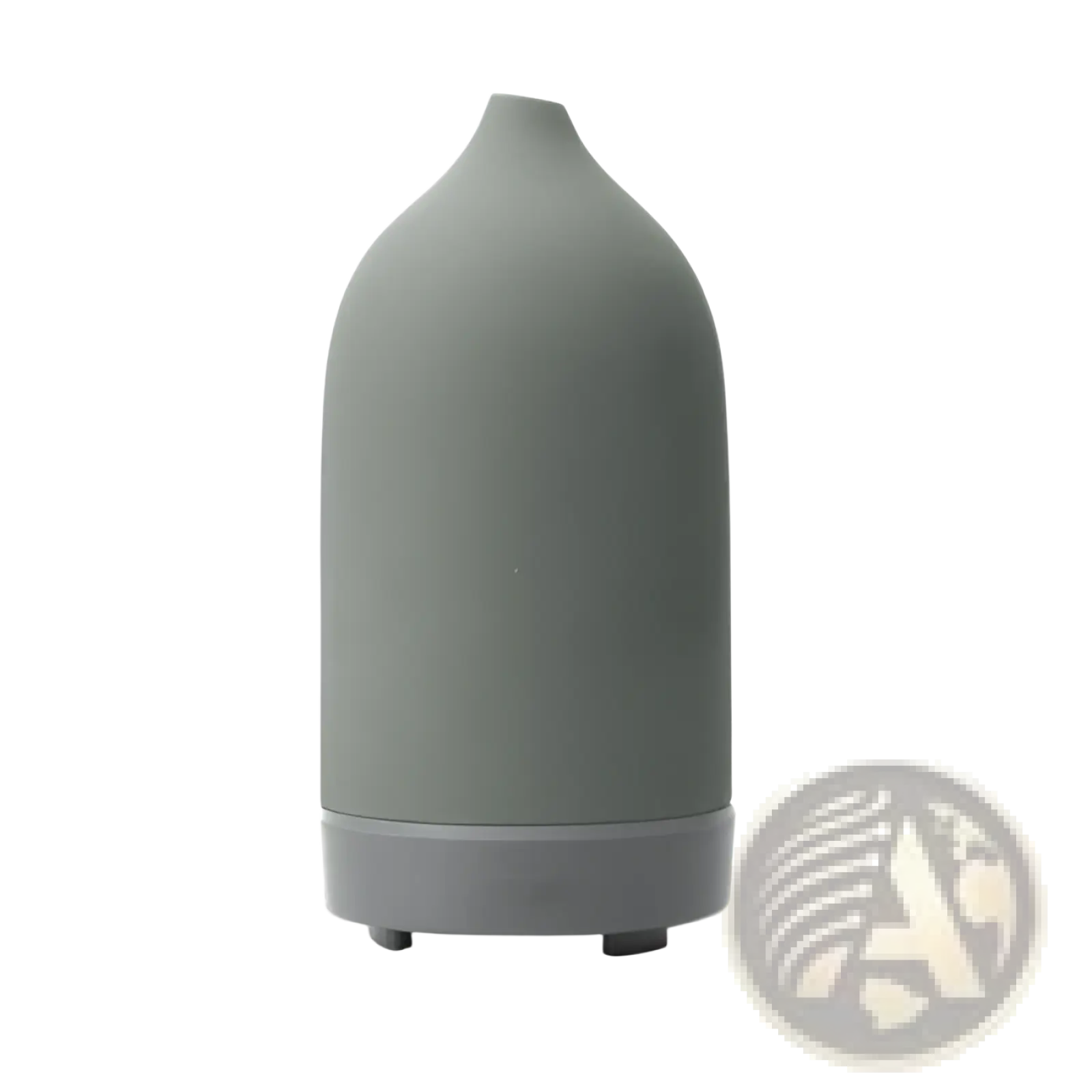 A sleek matte gray ceramic ultrasonic aroma diffuser and humidifier with a rounded bottle-like shape and wider base