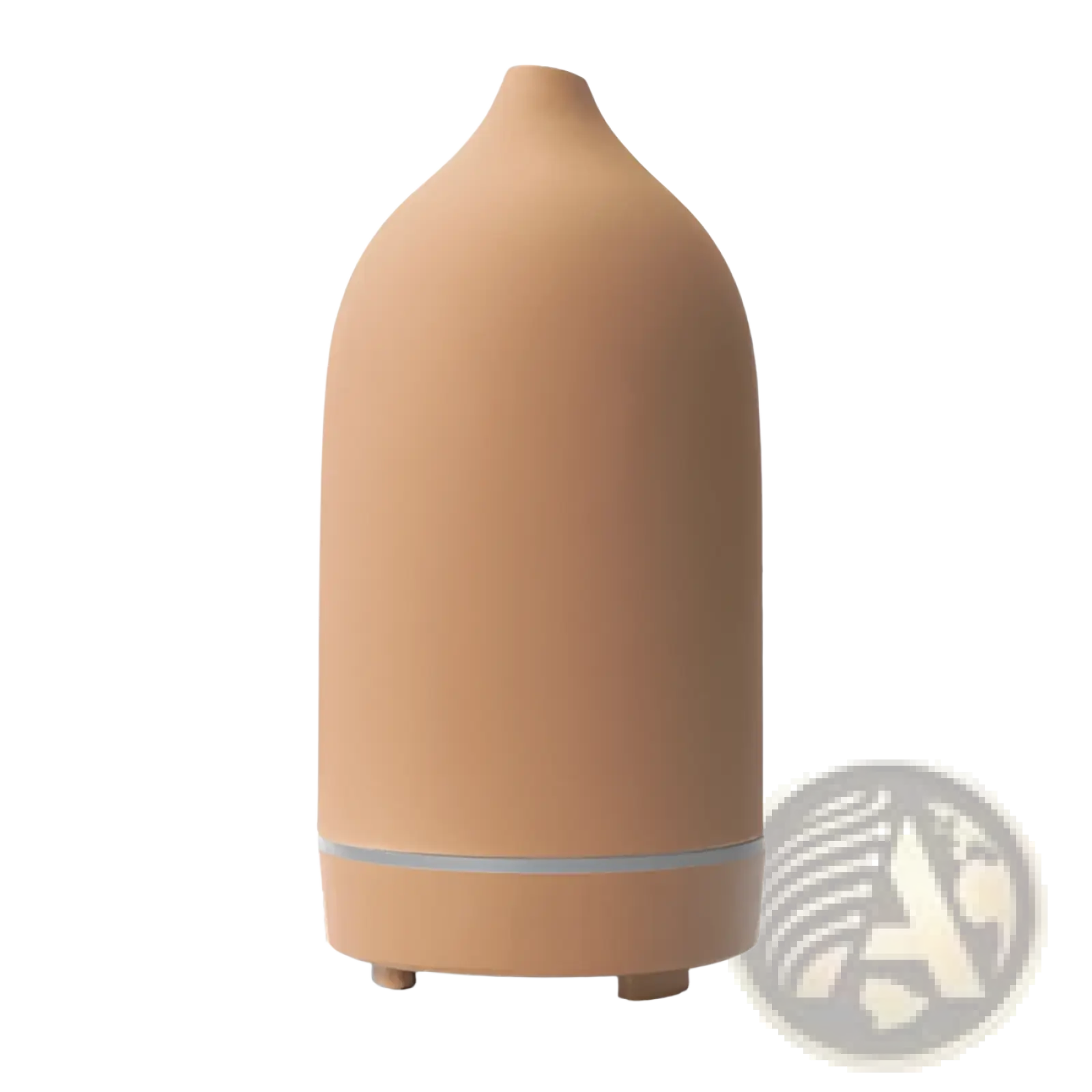 Tan ceramic ultrasonic aroma diffuser and humidifier with a sleek tapered design and silver accent band near the base