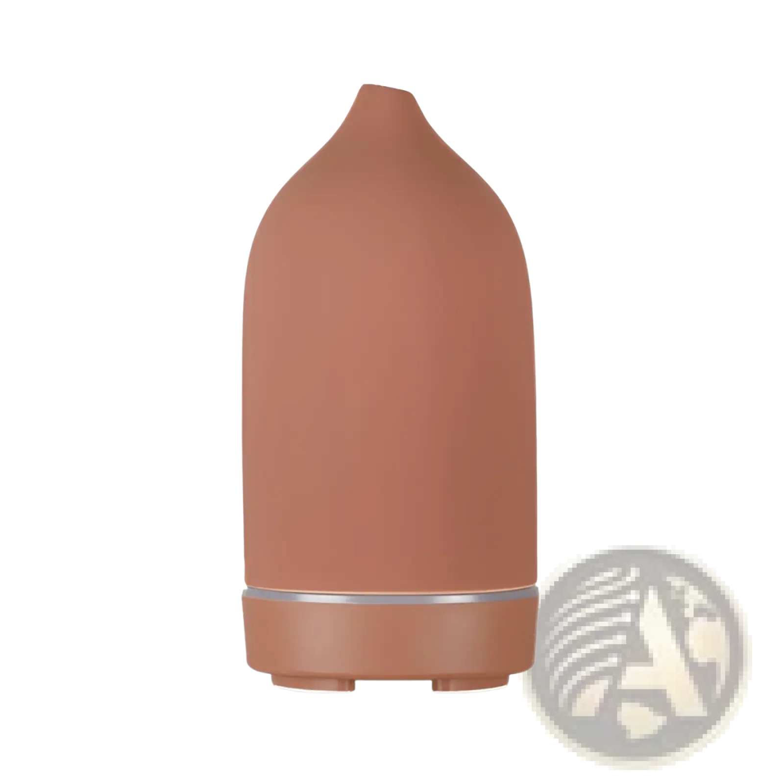 Terracotta ceramic ultrasonic aroma diffuser and humidifier with sleek rounded design and silver accent band near base