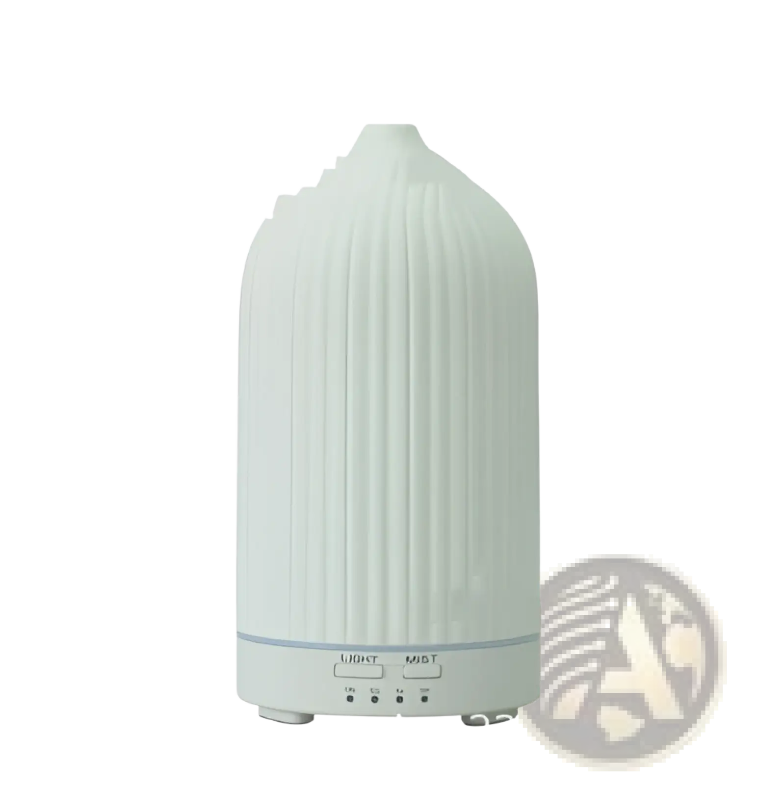 White ceramic ultrasonic aroma diffuser and humidifier with vertical ridges and sleek modern design