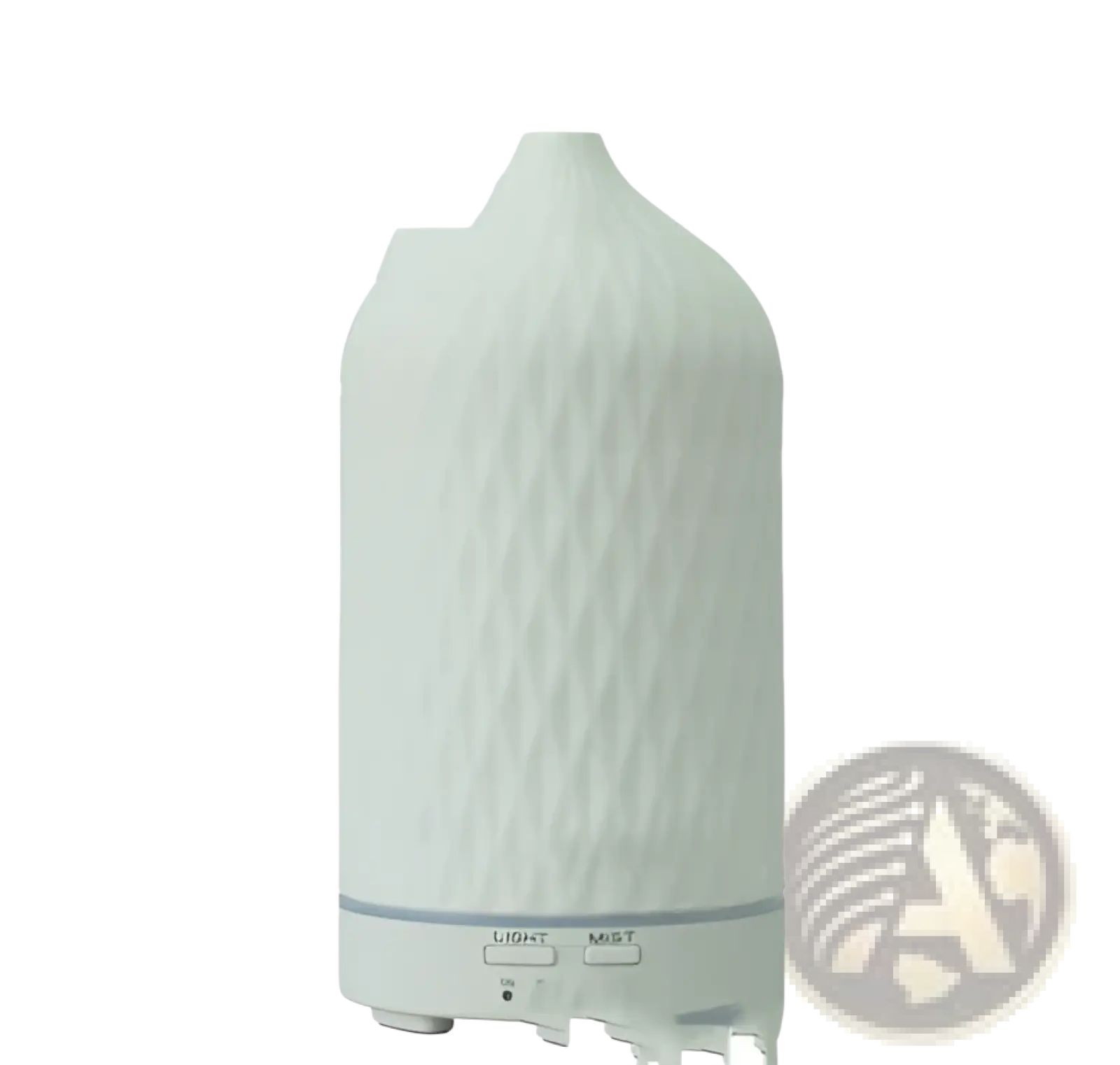 White ceramic ultrasonic aroma diffuser and humidifier with textured diamond pattern and control buttons on sleek base