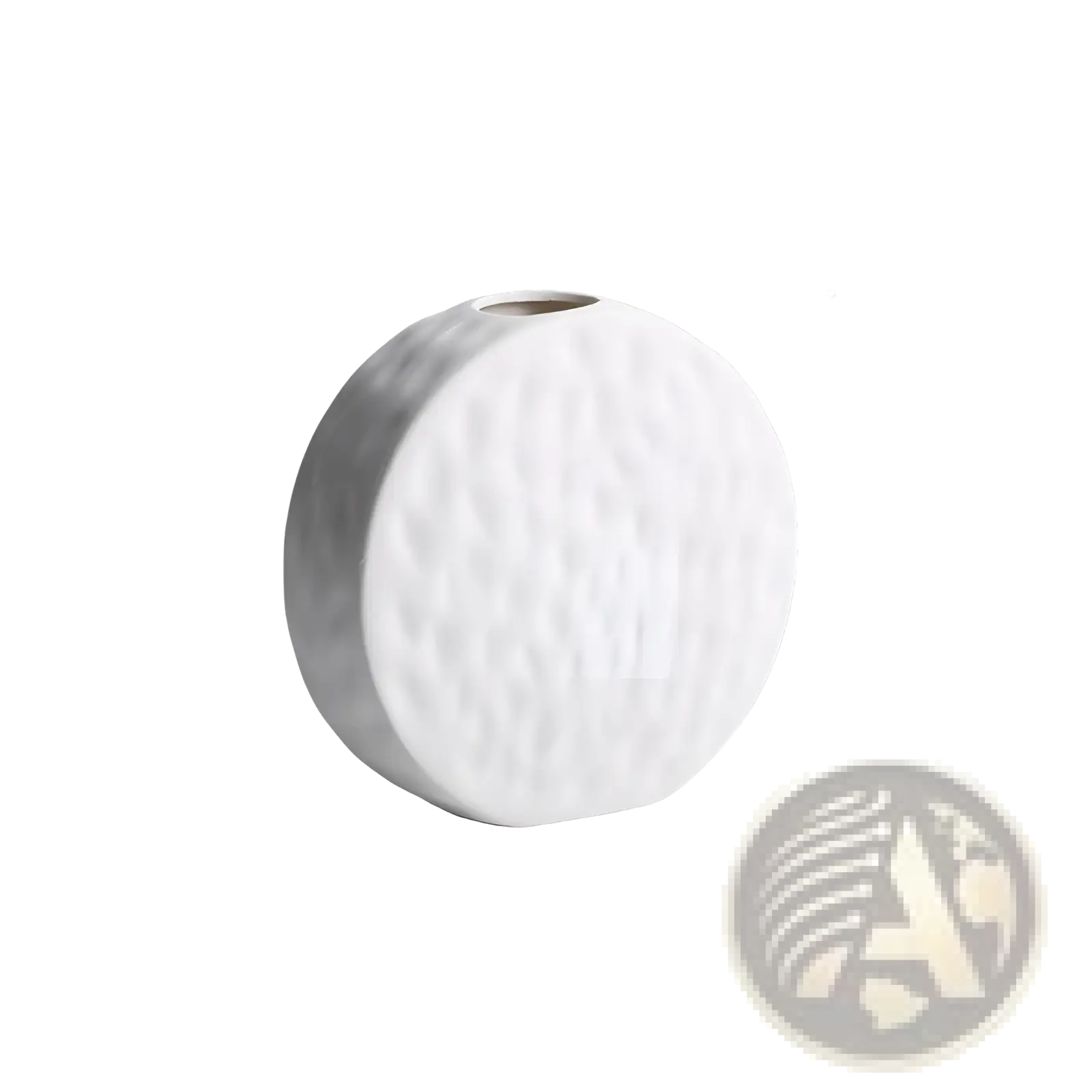 A white ceramic vase with a textured hammered surface and rounded shape in minimalist Scandinavian style