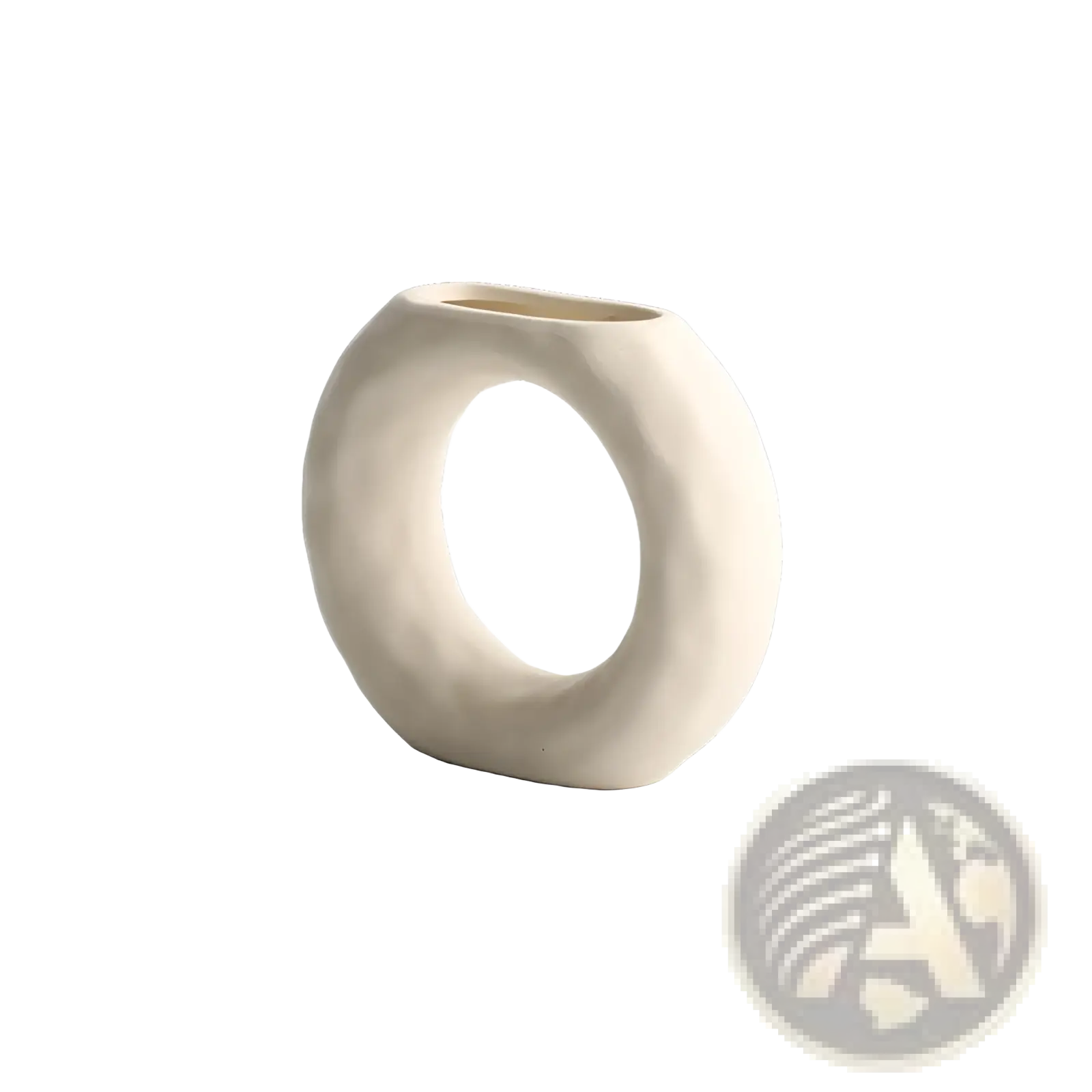 Cream-colored ceramic vase with a smooth rounded ring design and open center in minimalist Scandinavian style