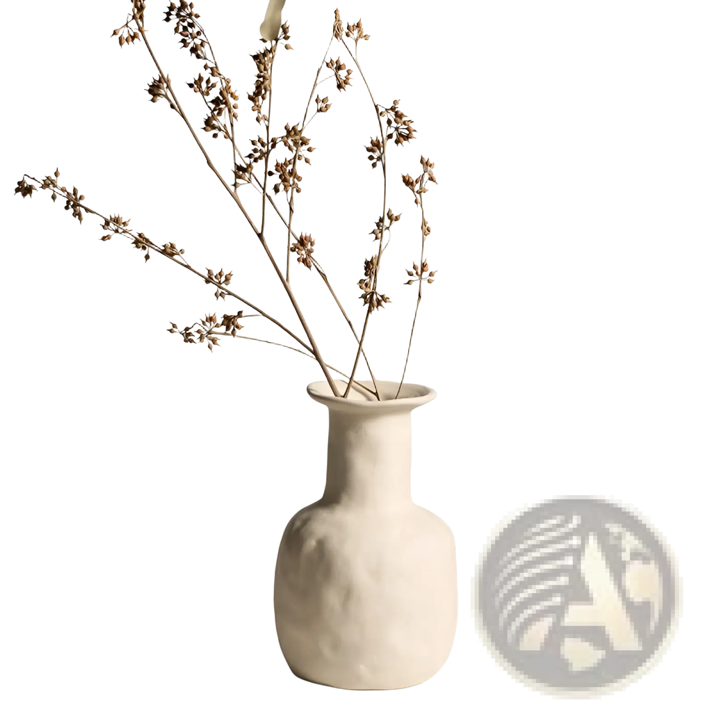 Cream-colored ceramic vase with textured slightly uneven surface and slender neck in minimalist Scandinavian style