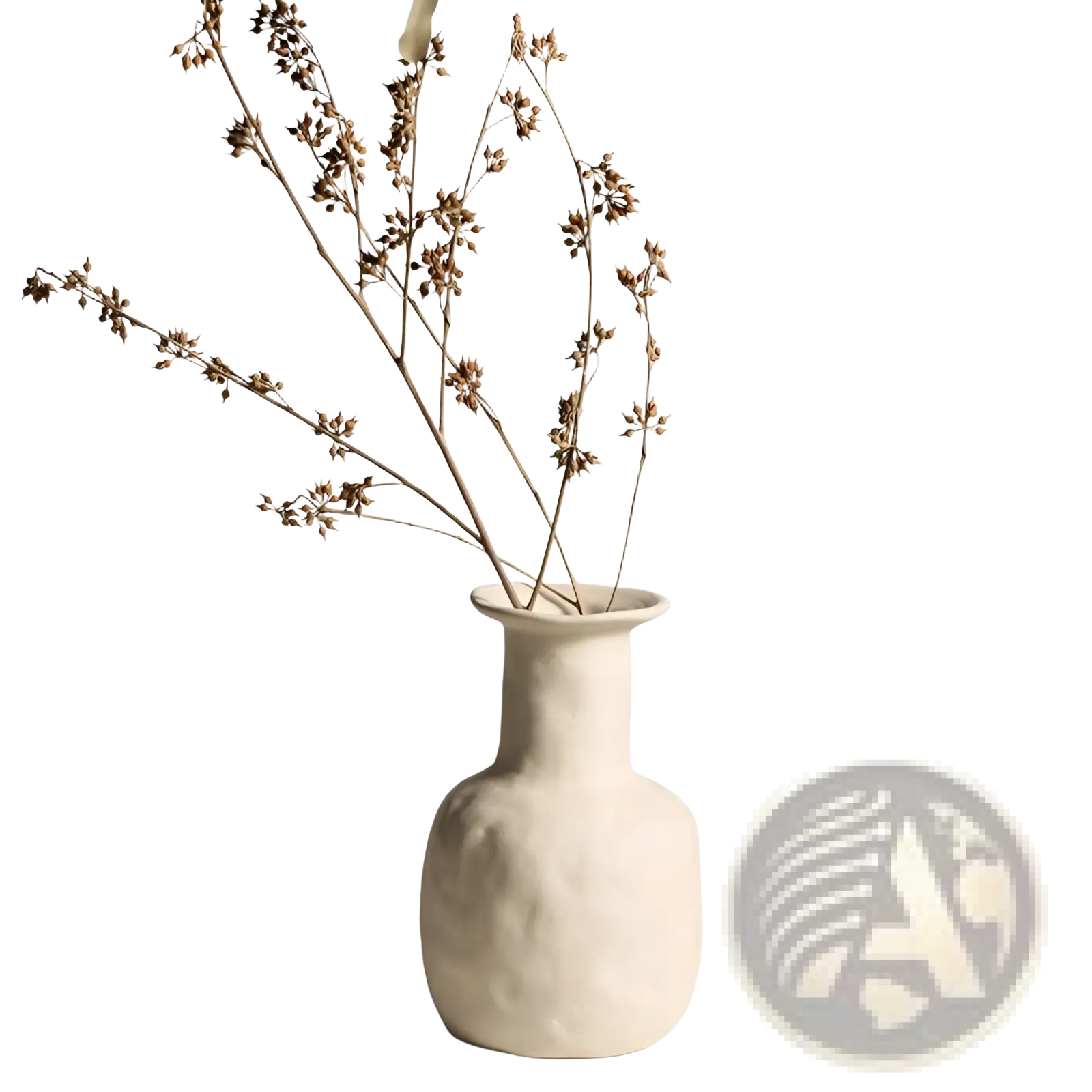 Cream-colored ceramic vase with textured slightly uneven surface and slender neck in minimalist Scandinavian style