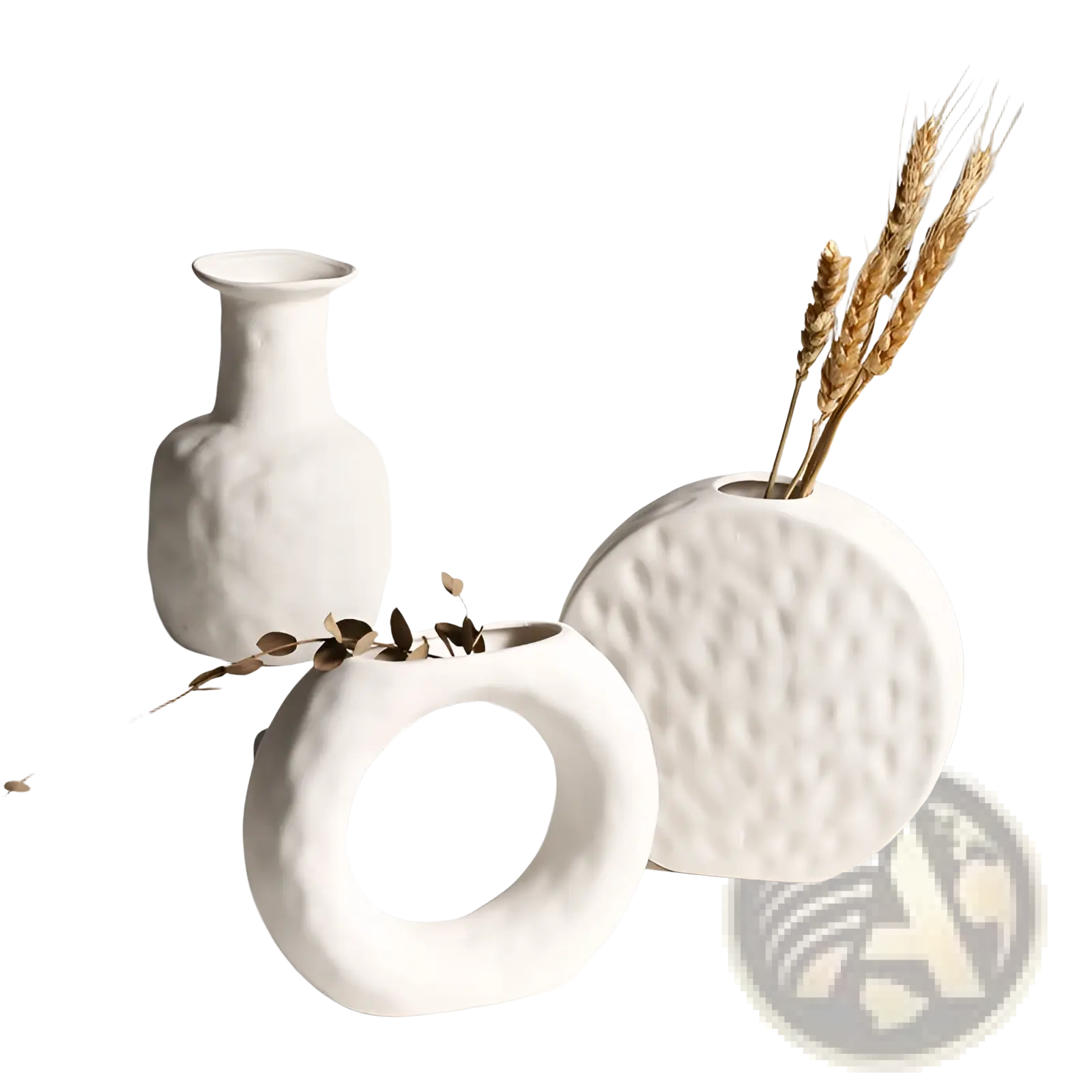 White ceramic minimalist scandinavian vases with textured organic surfaces and simple shapes for home decor