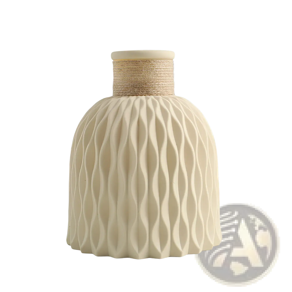 Cream-colored ceramic vase with wavy textured pattern and natural twine-wrapped neck in a 4 pack set