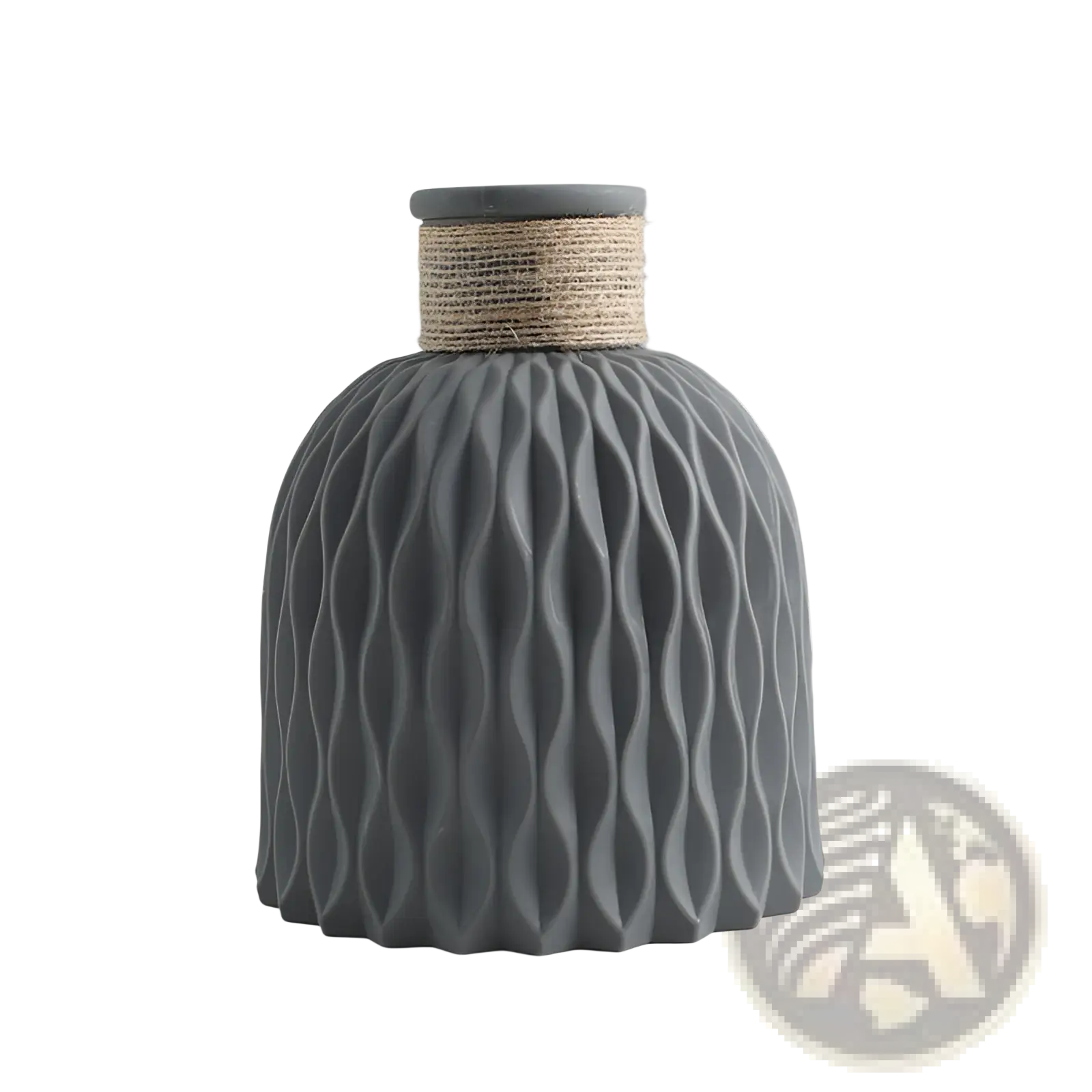 Gray ceramic vase with wavy textured surface and natural twine wrapped neck from a 4 pack set
