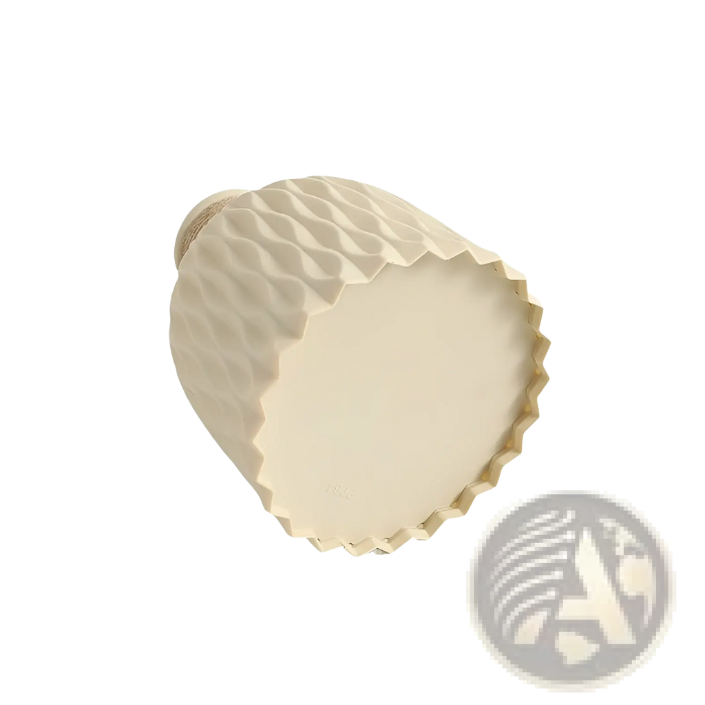Cream-colored ceramic vase with textured geometric pattern and scalloped rim from ceramic vase set with twine and wavy texture