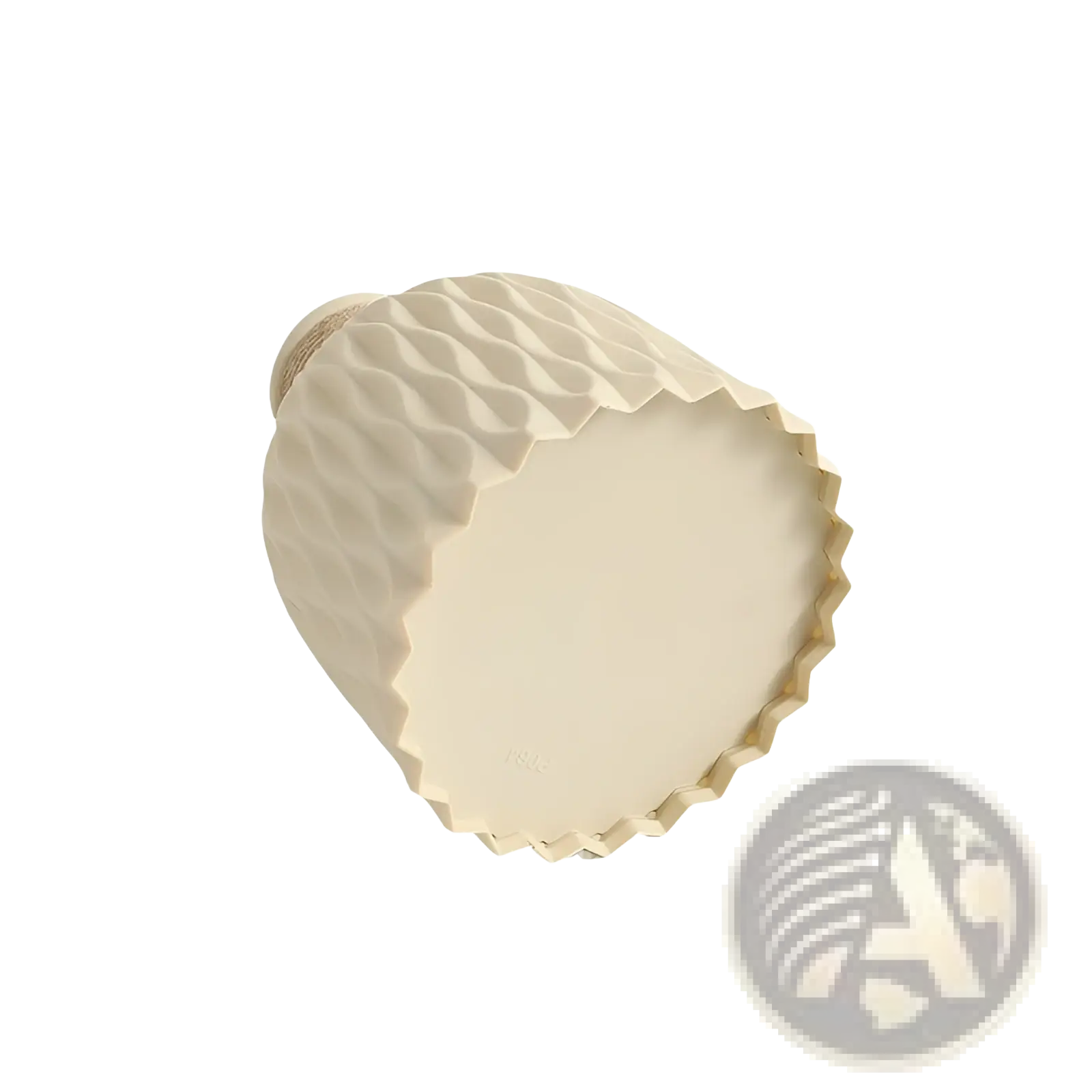 Cream-colored ceramic vase with textured geometric pattern and scalloped rim from ceramic vase set with twine and wavy texture