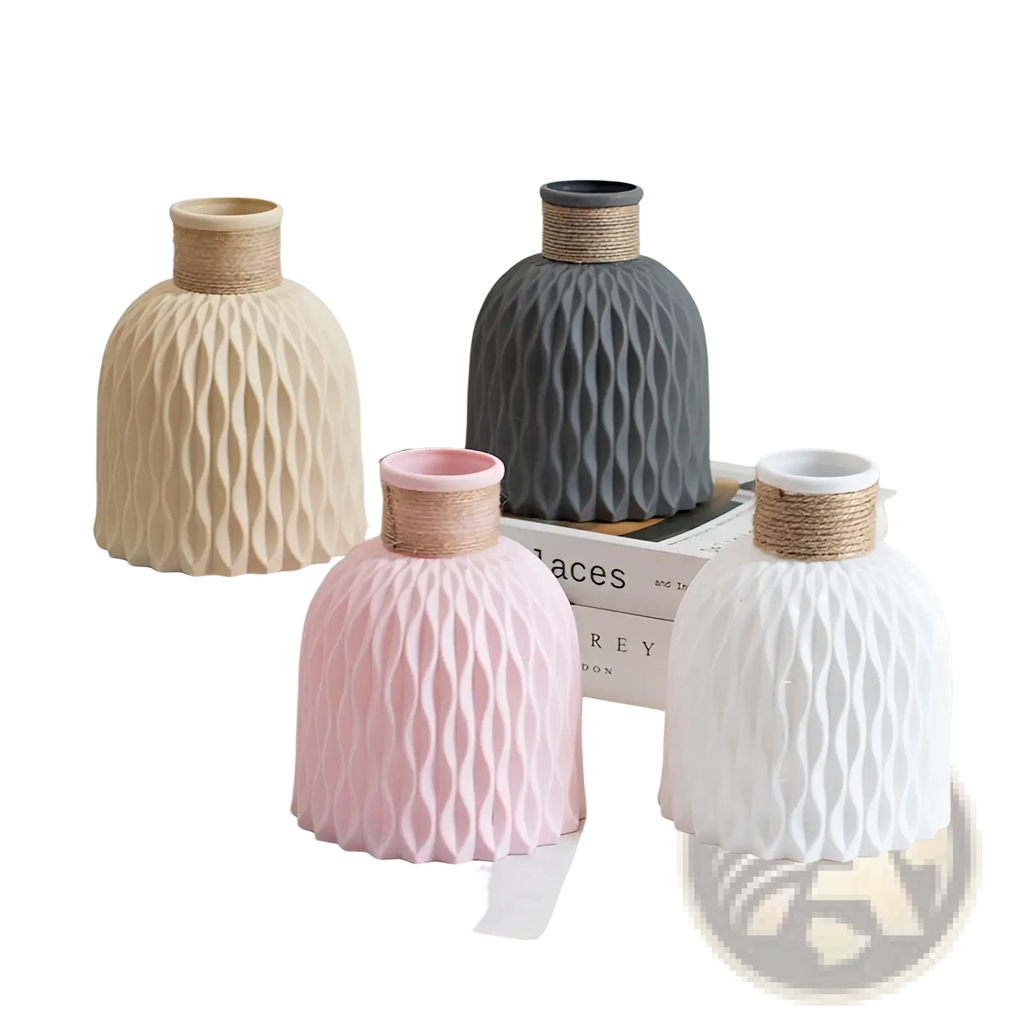 Set of four modern ceramic vases in beige gray pink and white with twine collars and textured wavy patterns