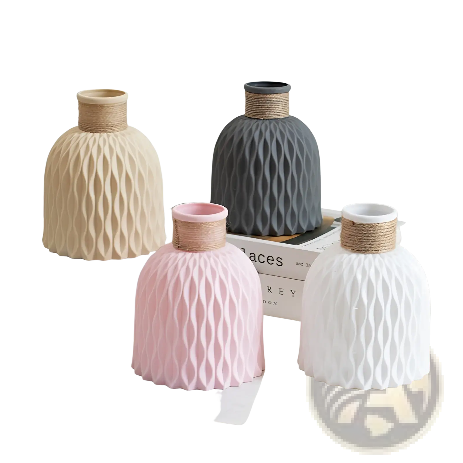 Set of four modern ceramic vases in beige gray pink and white with twine collars and textured wavy patterns