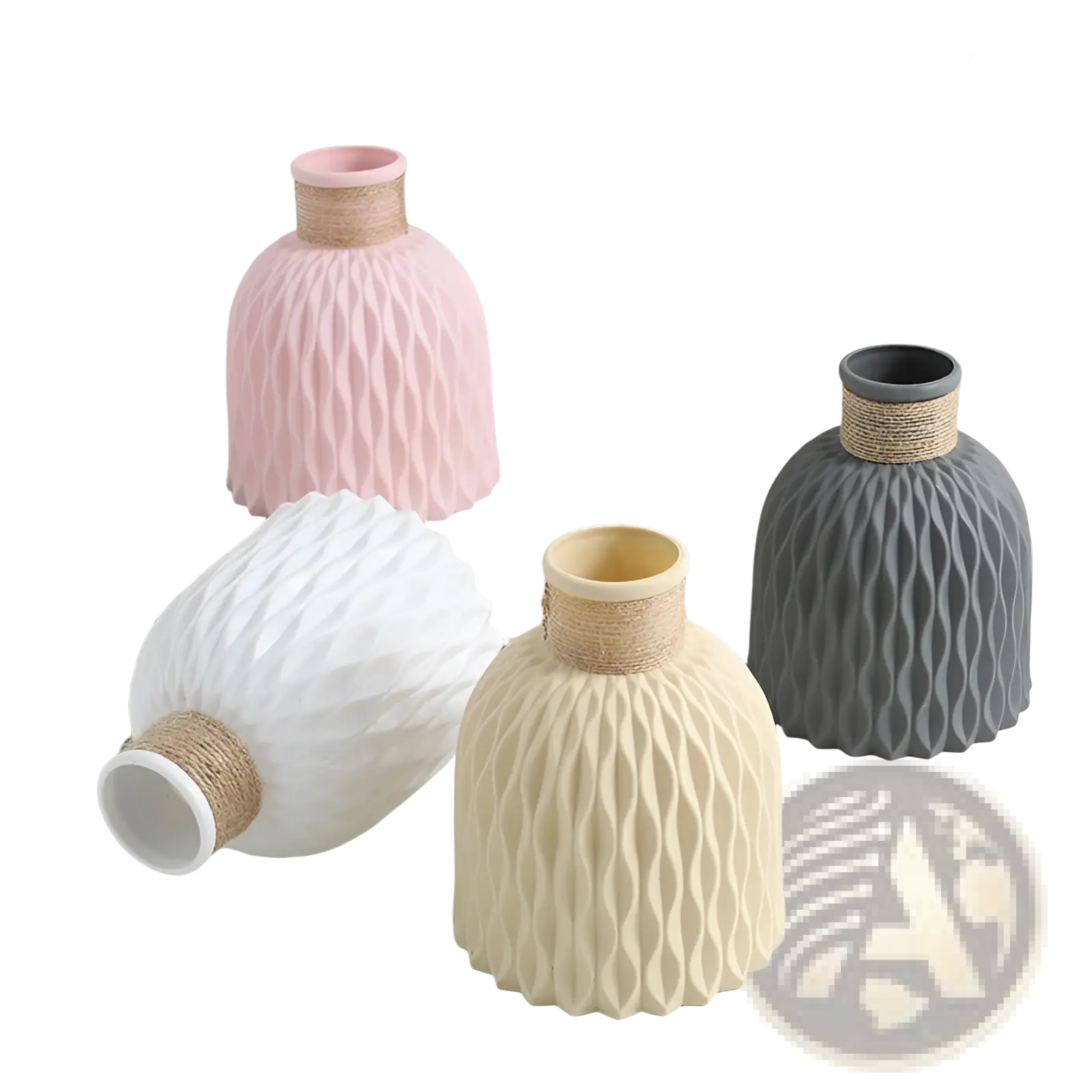 Pastel pink ceramic vase with ribbed texture and natural twine-wrapped neck from ceramic vase set 4 pack