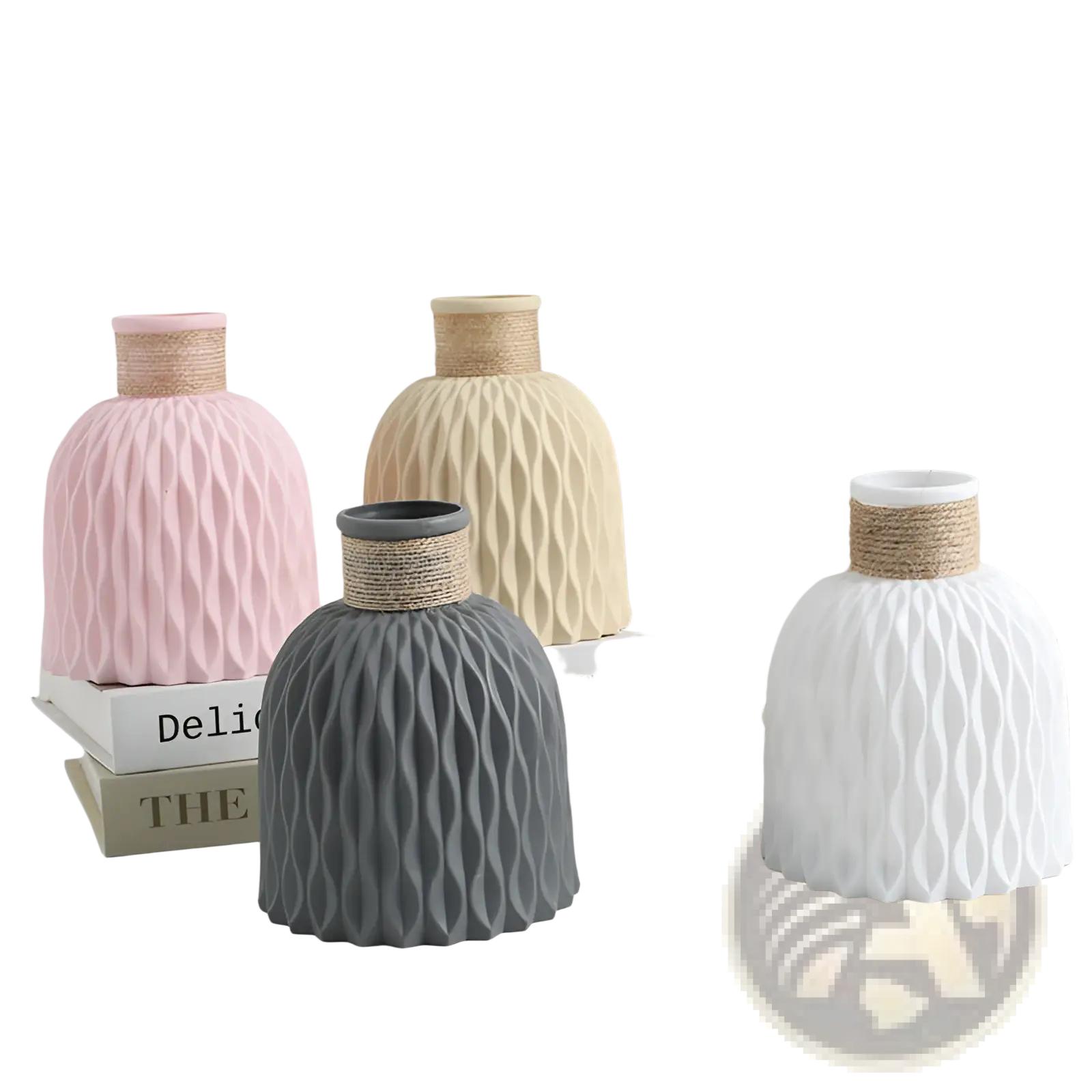 Pastel pink ceramic vase with wavy textured surface and natural twine-wrapped neck in a 4 pack set