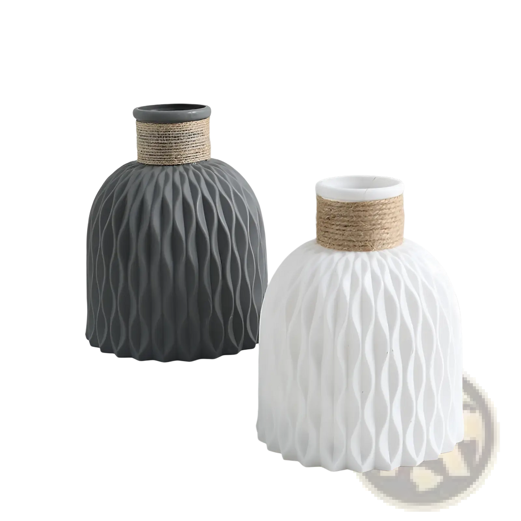 Two ceramic vases with wavy texture in matte gray and white featuring natural twine bands in a 4 pack set