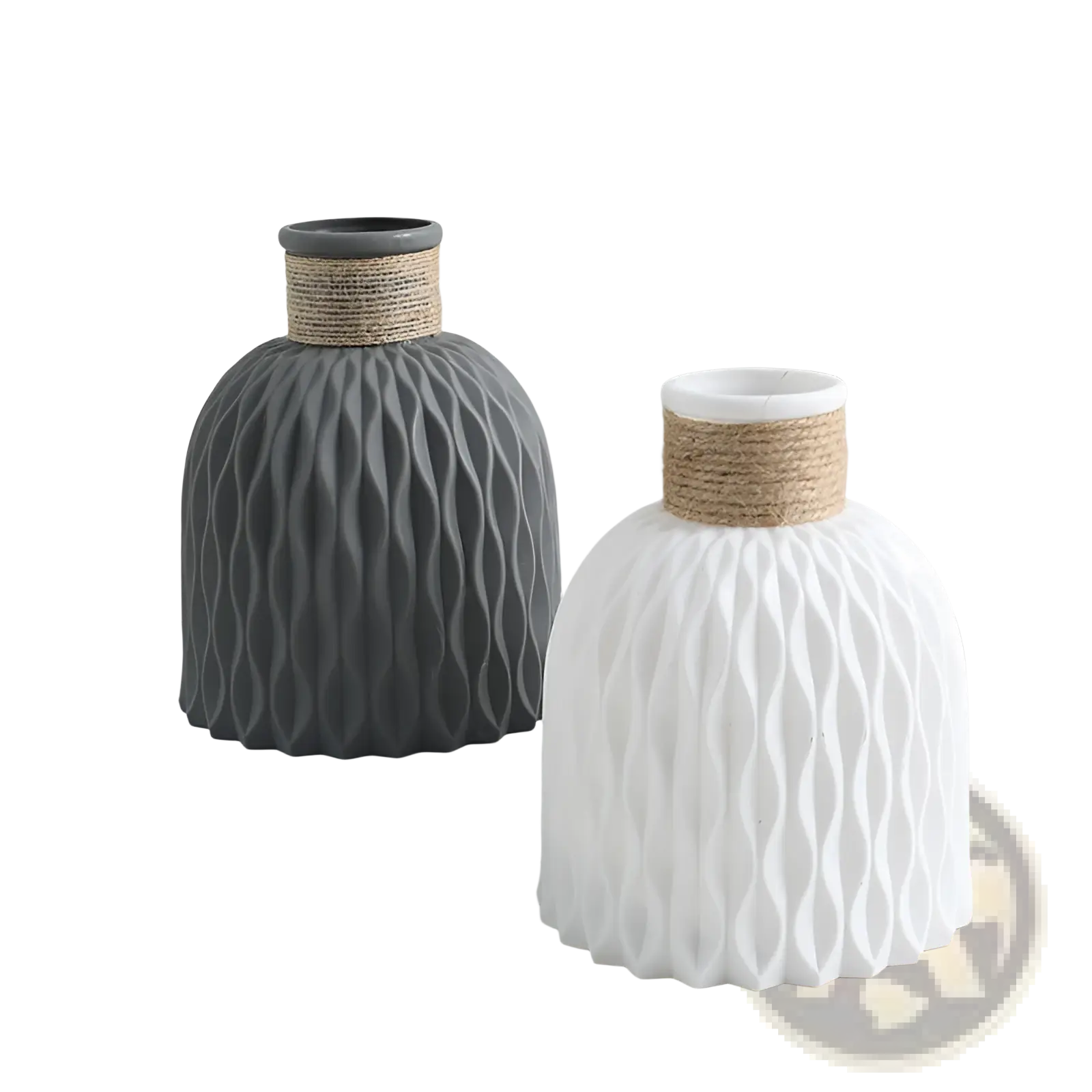 Two ceramic vases with wavy texture in matte gray and white featuring natural twine bands in a 4 pack set