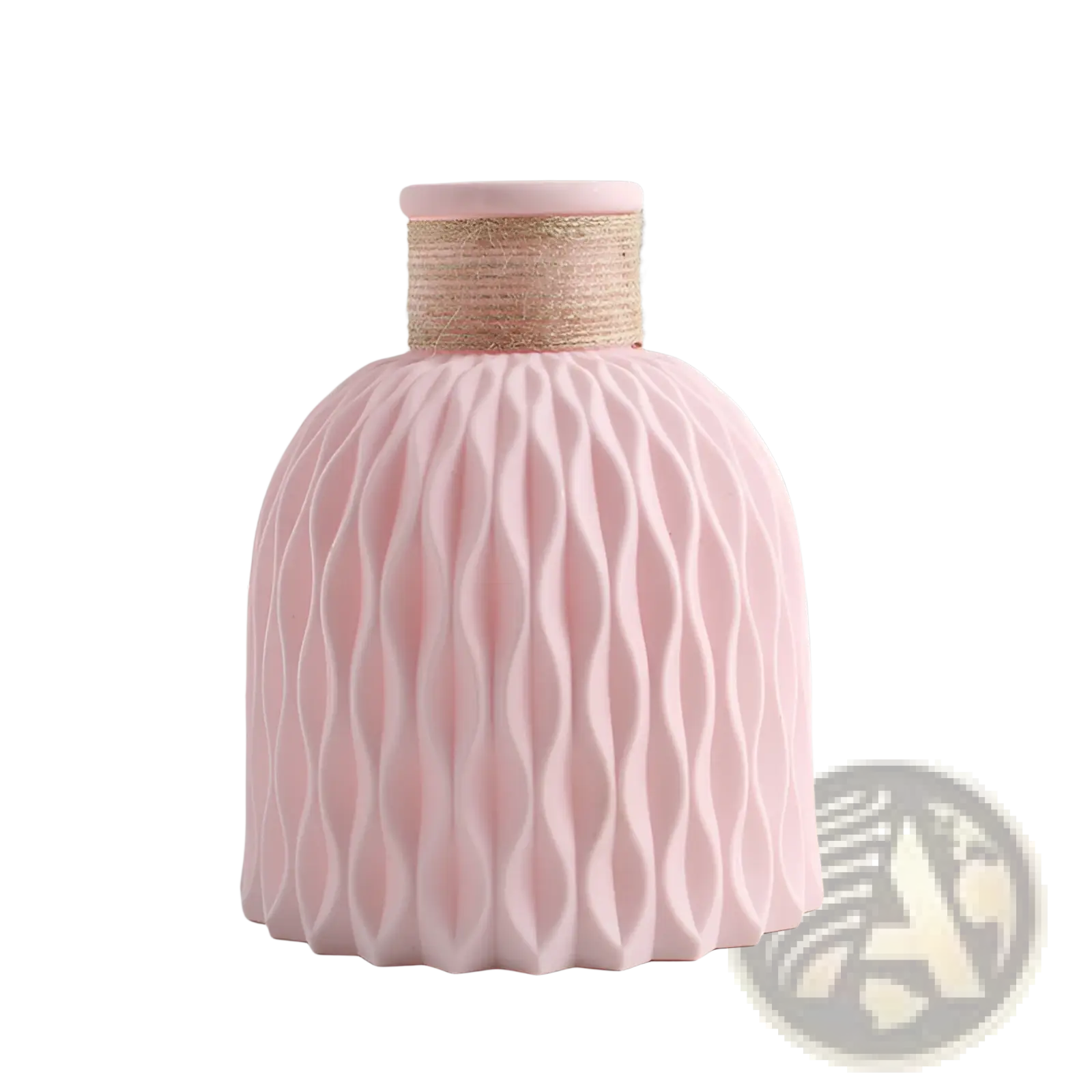 Pink ceramic vase with wavy ribbed texture and natural twine wrapped neck from a ceramic vase set with twine