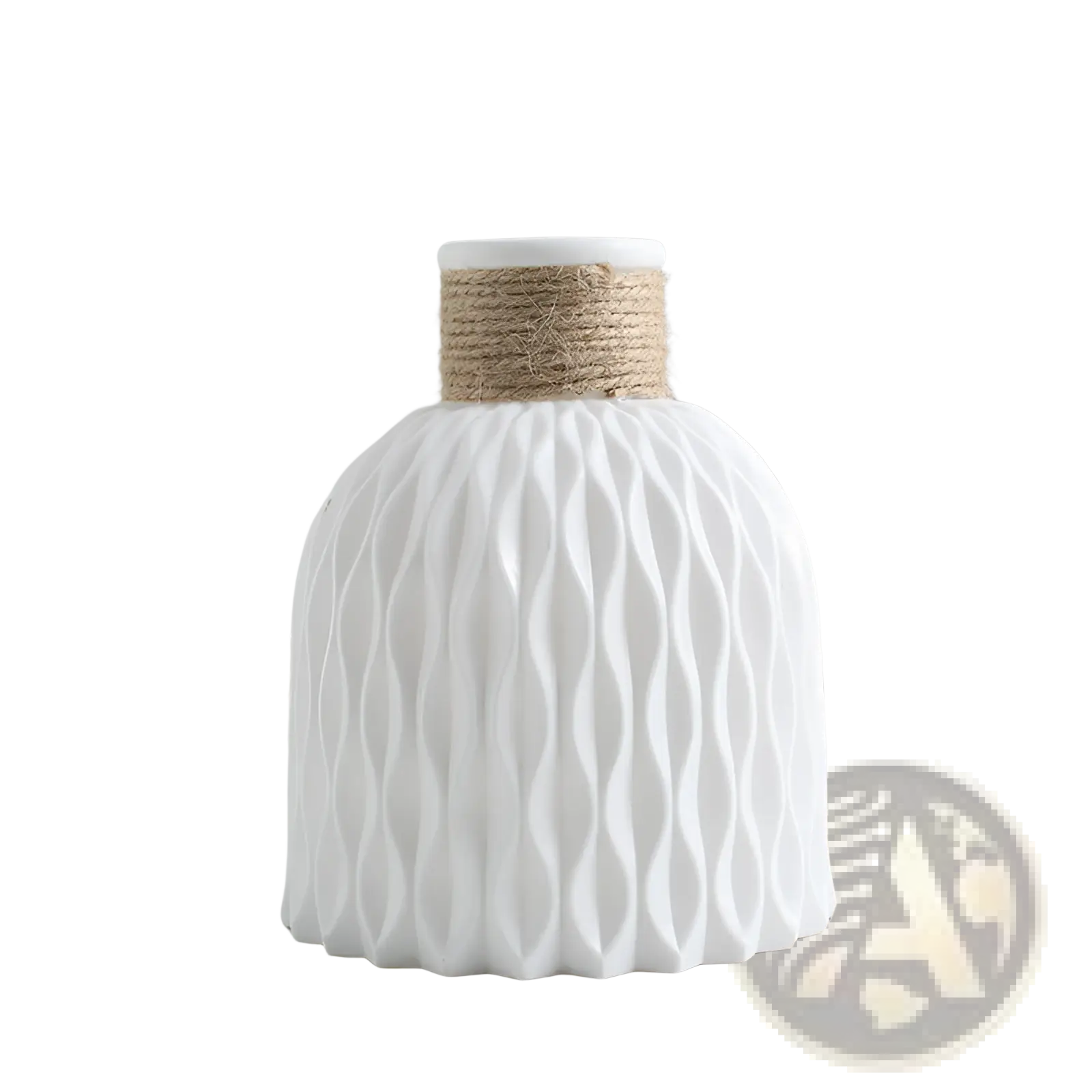 White ceramic vase with wavy textured surface and natural twine band around the neck in a 4 pack set
