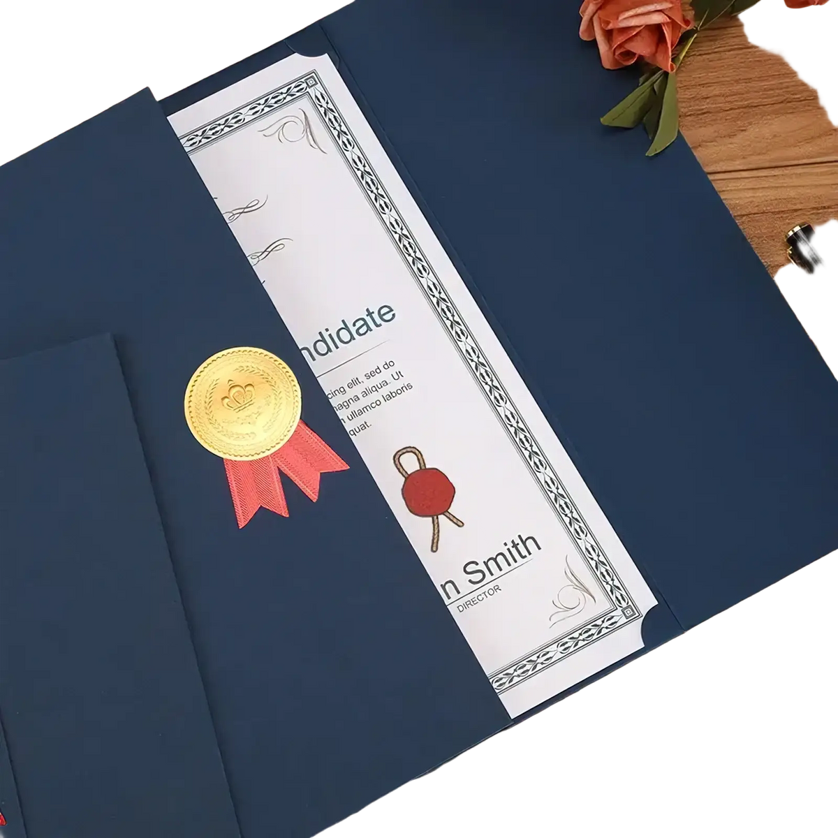 Certificate holder navy blue a4 diploma cover featuring a gold seal and red ribbon accent on the front side