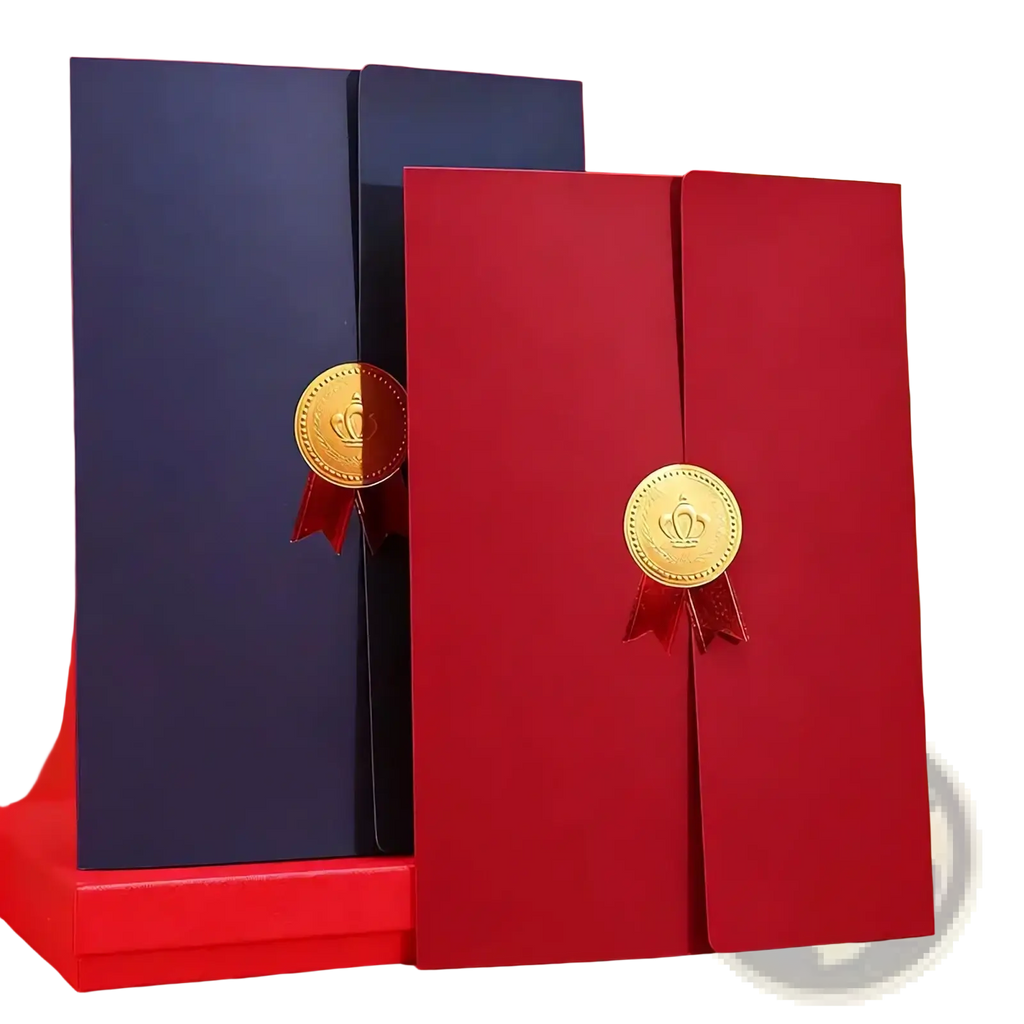 Elegant navy blue and red certificate holder folders with gold crown seals and matching ribbons for A4 diplomas