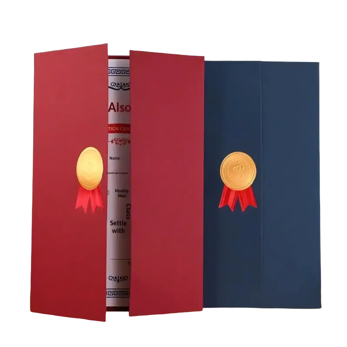 Navy blue certificate holder and blue a4 diploma cover with red ribbons and gold medallions displayed together